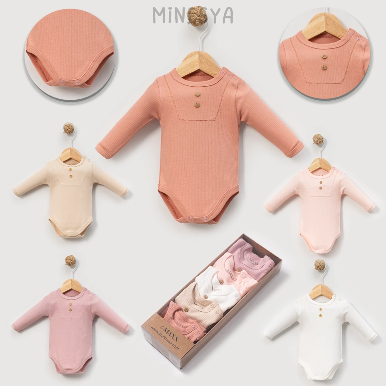 %100 Pamuklu Kaşkorse Kumaş Uzun Kollu Kız Bebek 5'li Body (Kutulu)
