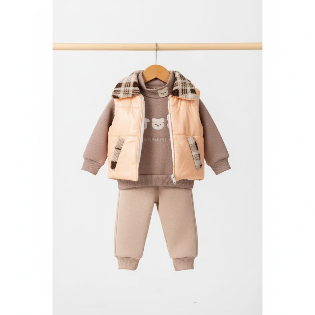 Erkek Bebek 3’lü Peluş Montlu Konfor Takım – Yumuşak Üç İplik Kumaş