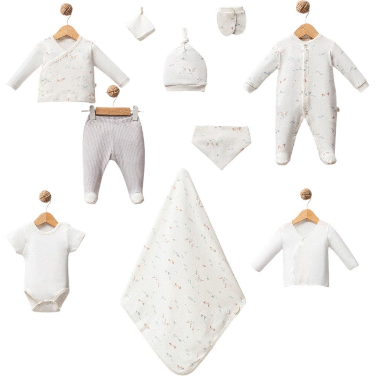 Oeko-Tex Sertifikalı Unisex Bebek 10’lu Hastane Çıkış Seti – Tulum, Zıbın, Pantolon, Battaniye ve Aksesuarlar - Gri