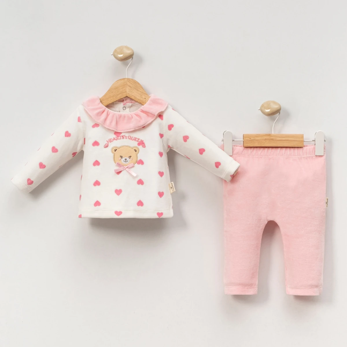 Oeko-Tex Sertifikalı Kadife Kalpli 2’li Kız Bebek Takımı