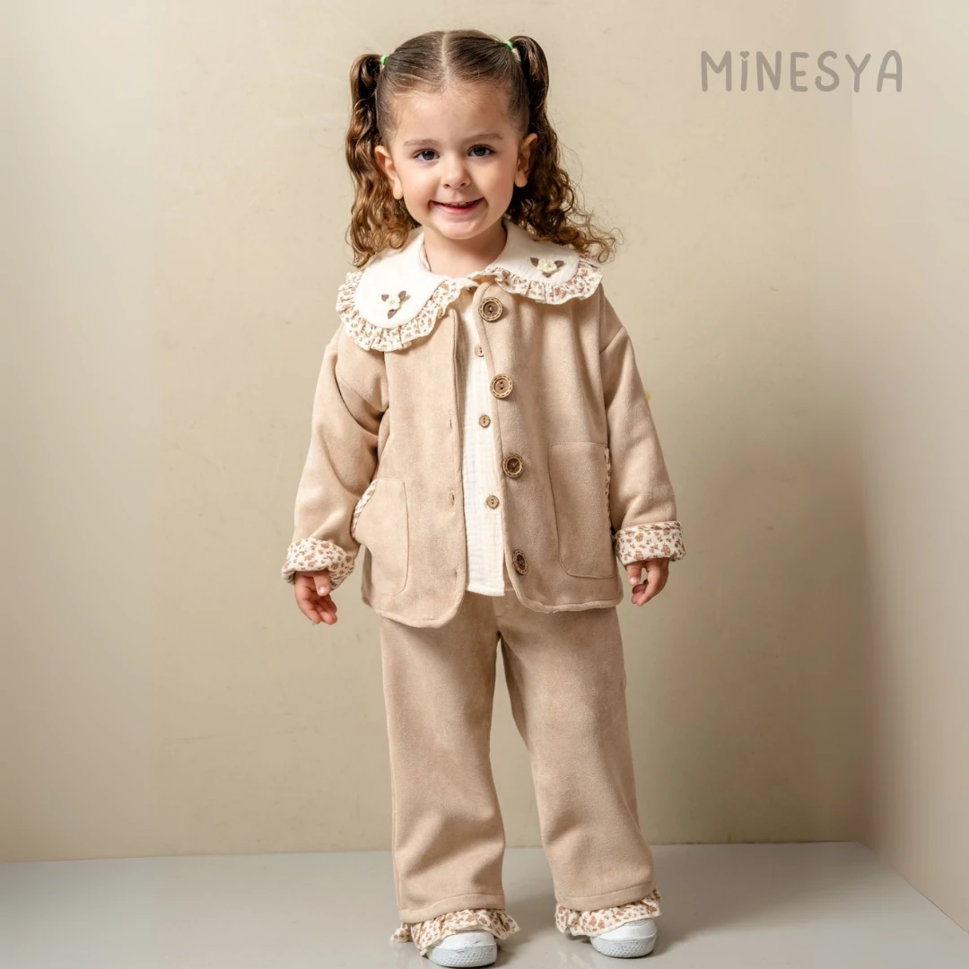 Oeko-Tex Sertifikalı Kız Bebek 3’lü Süet Takım - Bej