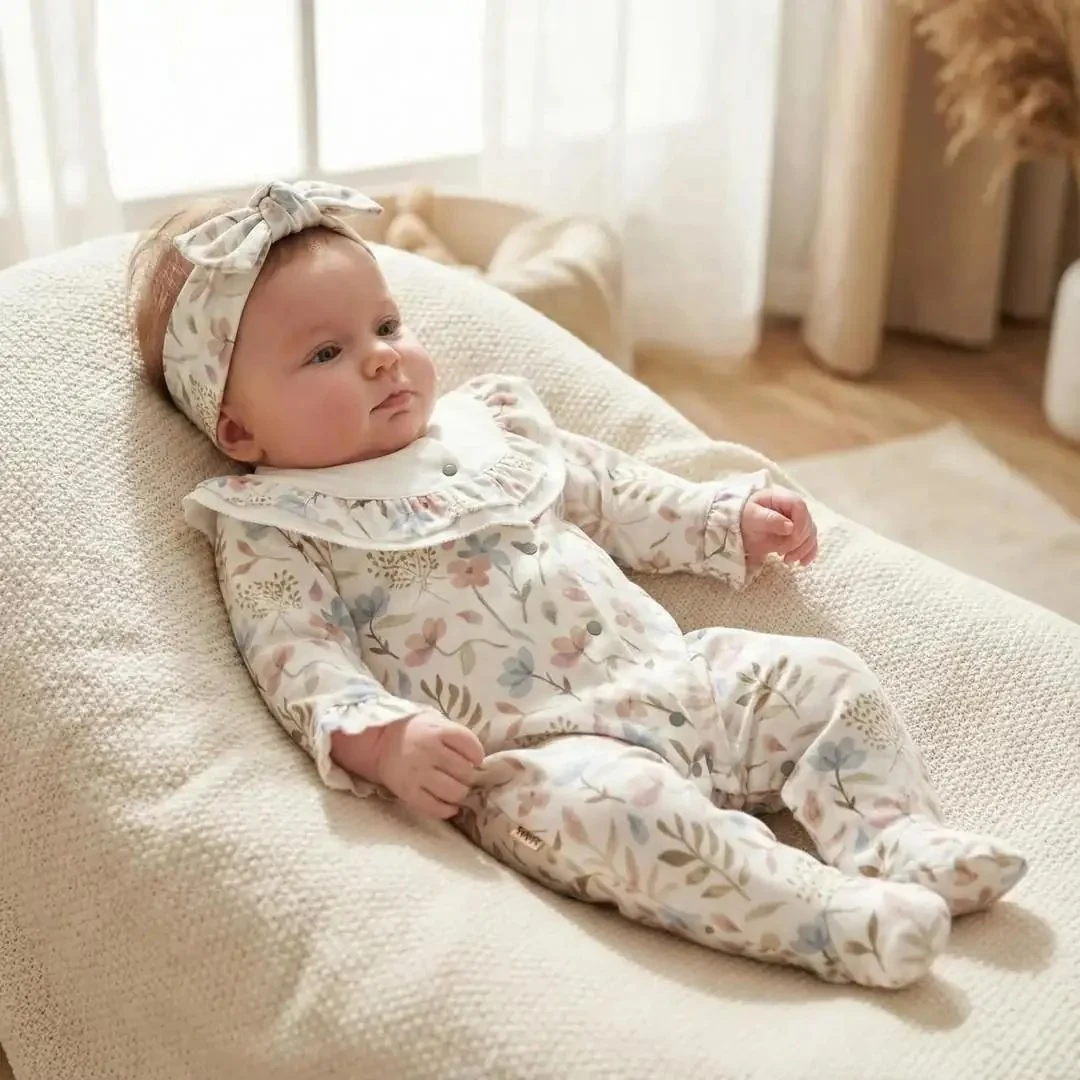 Pamuklu Fırfırlı Yaka Çiçek Desenli Kız Bebek Tulum ve Bandana Seti