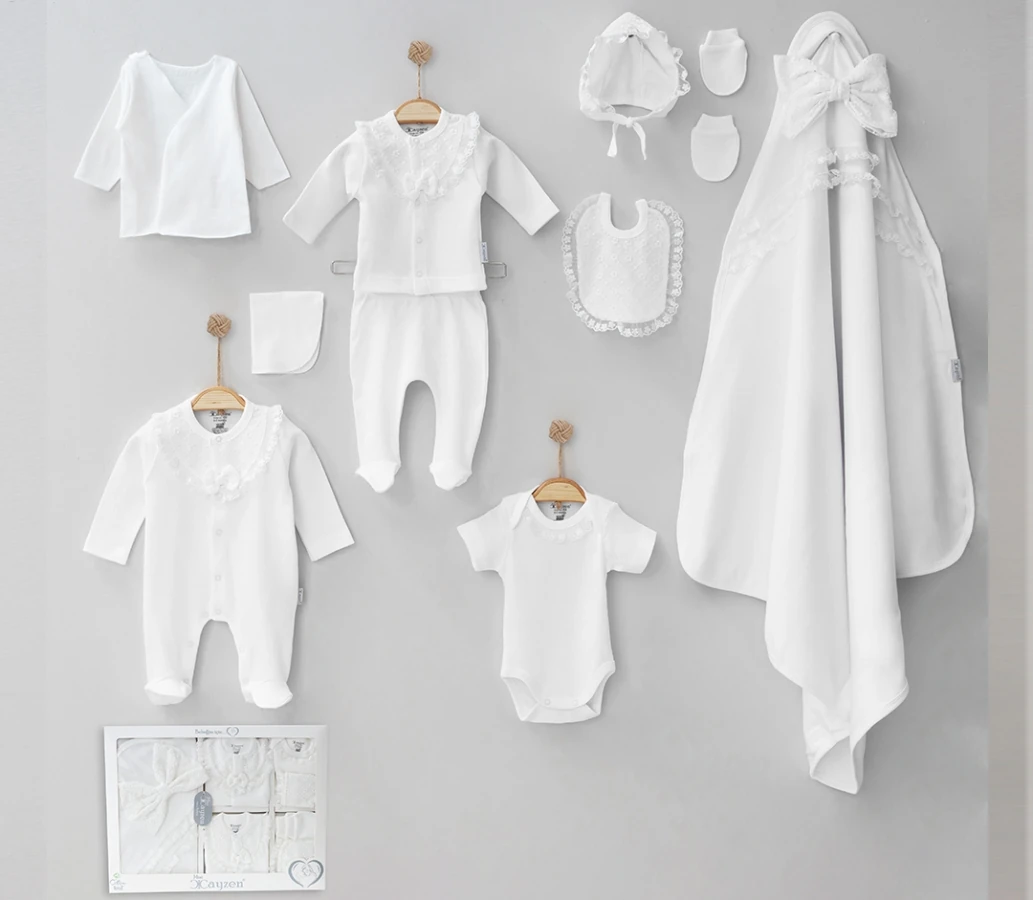 Oeko-Tex Sertifikalı Dantelli Fiyonklu Sevimli Kız Bebek 10'lu Hastane Çıkışı Seti - Beyaz