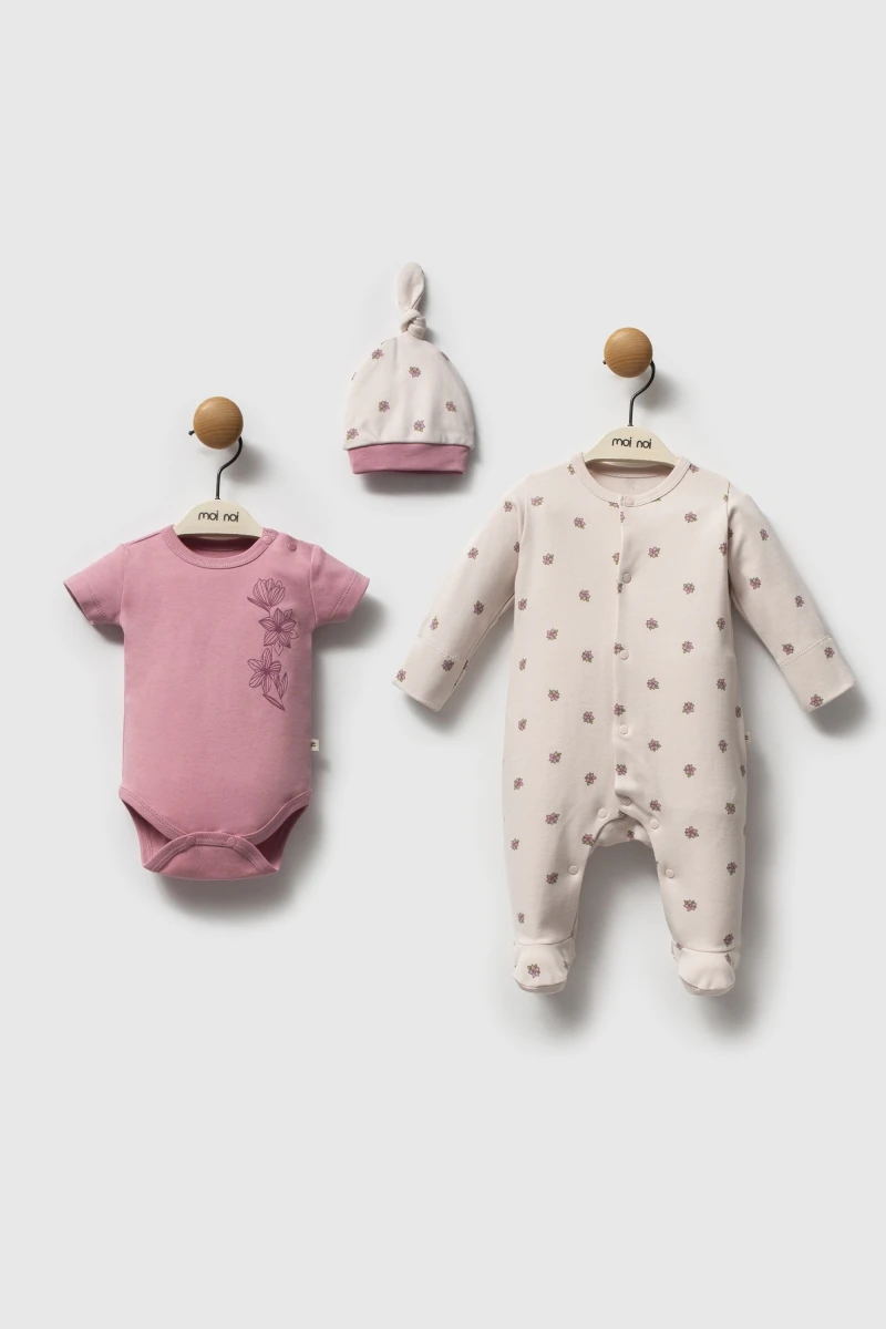 Oeko-Tex Sertifikalı Soft Pembe Floral Desen 3’lü Kız Bebek Set