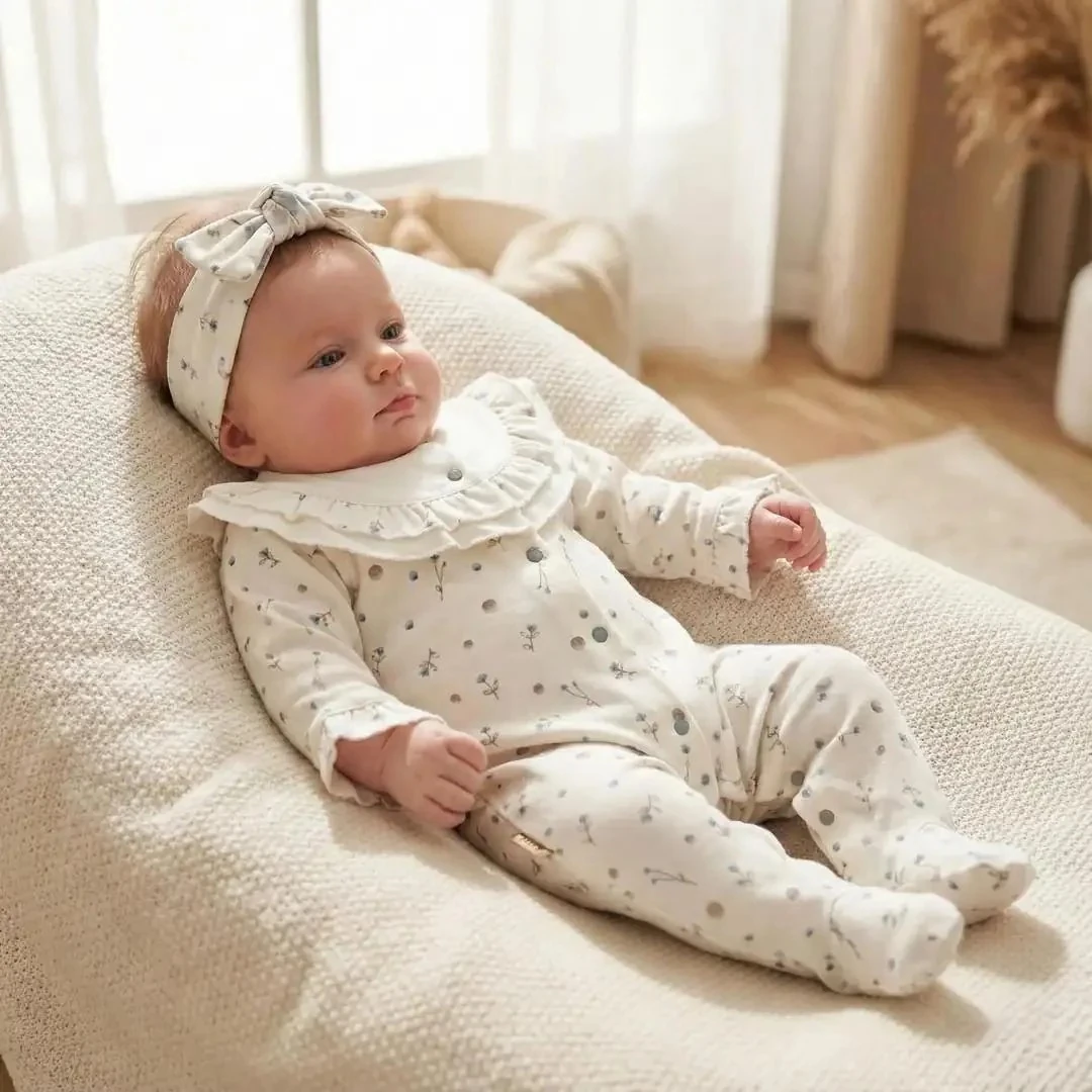 Pamuklu Fırfırlı Yaka Tomurcuk Desenli Kız Bebek Tulum ve Bandana Seti
