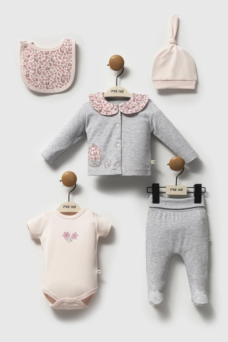 Oeko-Tex Sertifikalı Kız Bebek 5’li Organik Çiçek Desenli Hastane Çıkış Seti