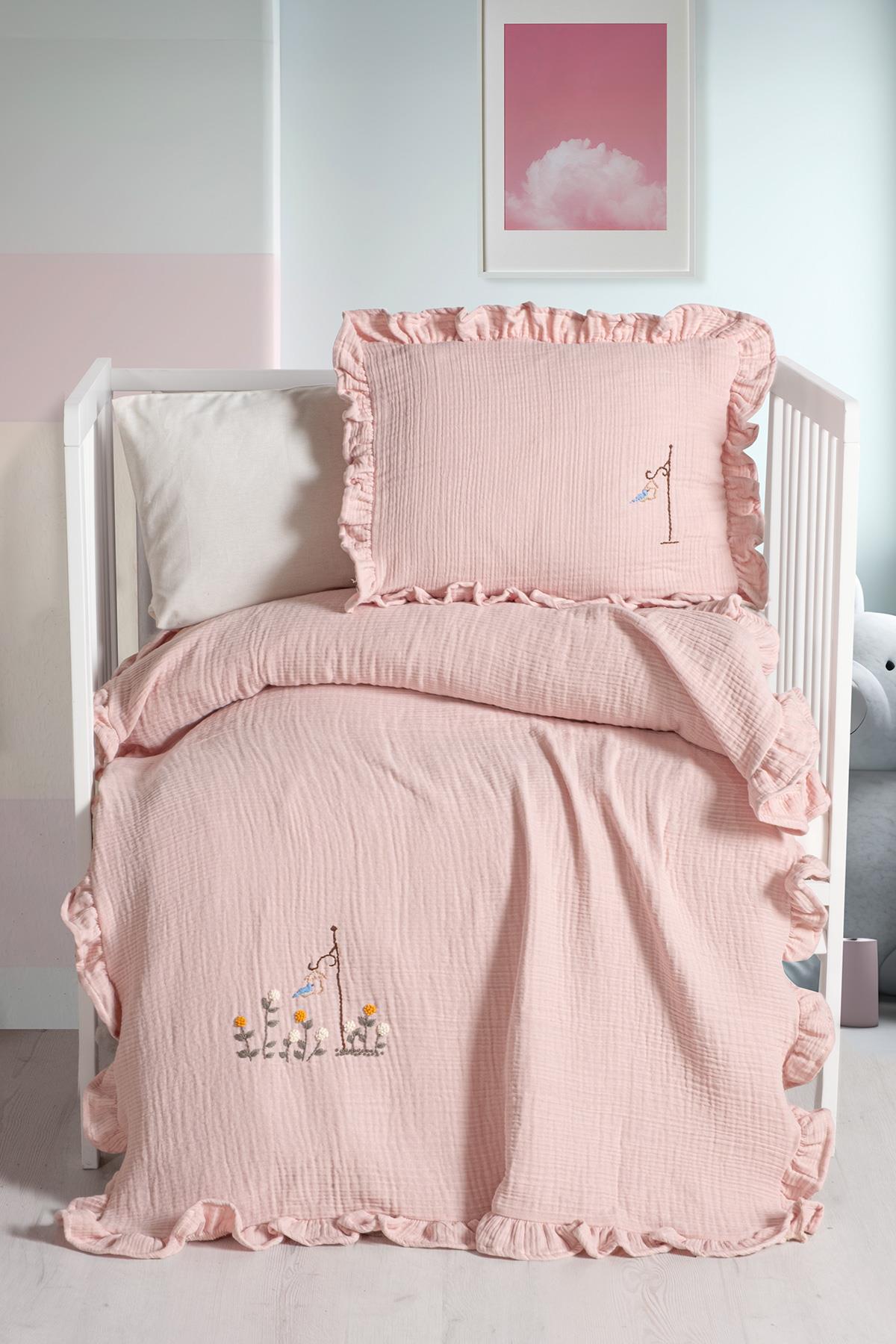 Handmade Bebek 4 Kat %100 Pamuk Fırfırlı Müslin Örtü Seti – Oeko-Tex Sertifikalı - Pudra