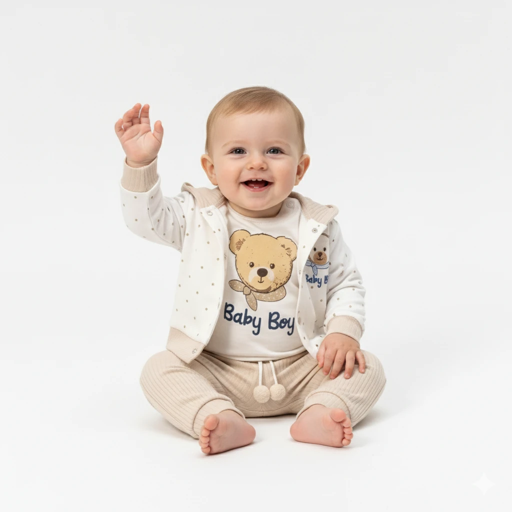 Oeko-Tex Sertifikalı Baskılı Sevimli Kapüşonlu Erkek Bebek 3’lü Takım - Sütlü Kahve