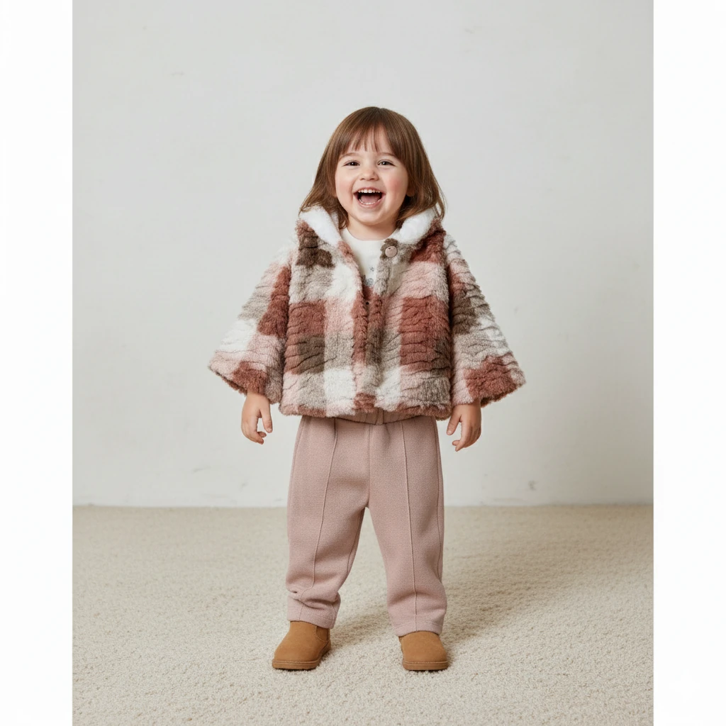 Yumuşak Tüylü Montlu 3 İplik Lastikli pantolonlu 3 Parça Kız Bebek Takımı - Somon