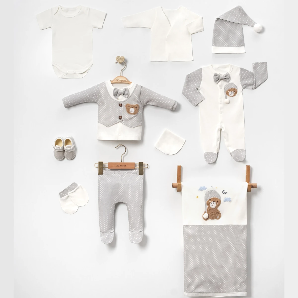Oeko-Tex Sertifikalı Ayıcıklı Patikli Sevimli Erkek Bebek 10'lu Hastane Çıkışı Seti - Gri
