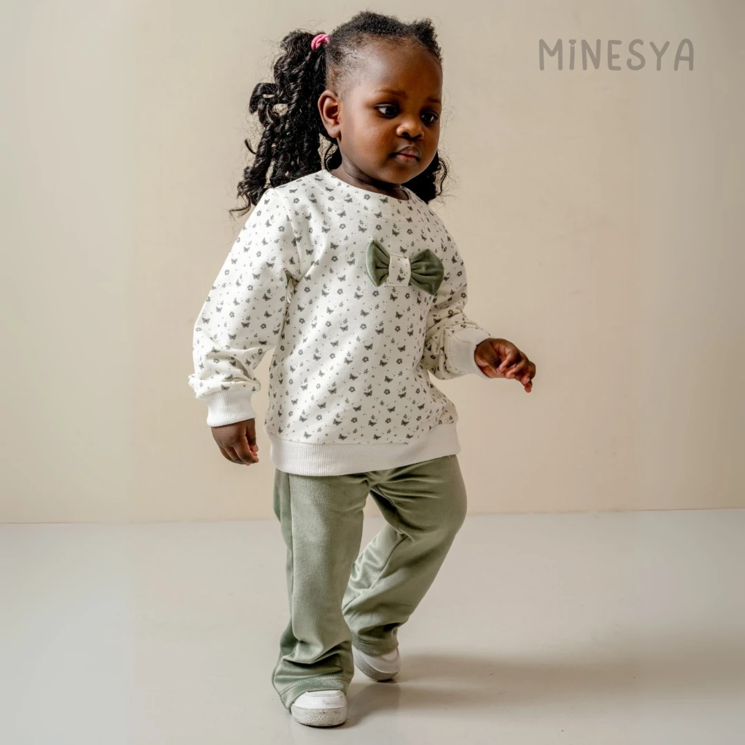 Oeko-Tex Sertifikalı Fiyonklu Sweatshirt ve Pantolon Kız Bebek 2’li Takım  - Mint