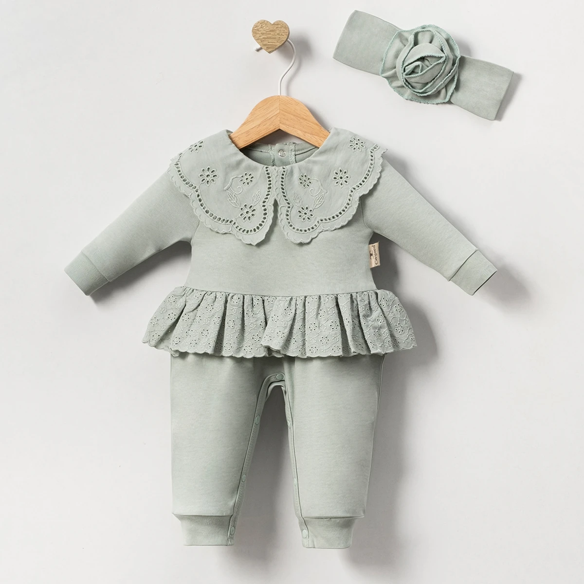 Oeko-Tex Sertifikalı Kız Bebek Dantelli Yakalı ve Bandanalı 2’li Şık Tulum Takım - Turkuaz
