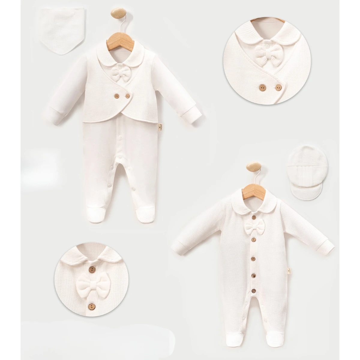 Gofre Kumaş Papyonlu Patikli İkili Tulum (Oeko-Tex Sertifikalı) - Ekru