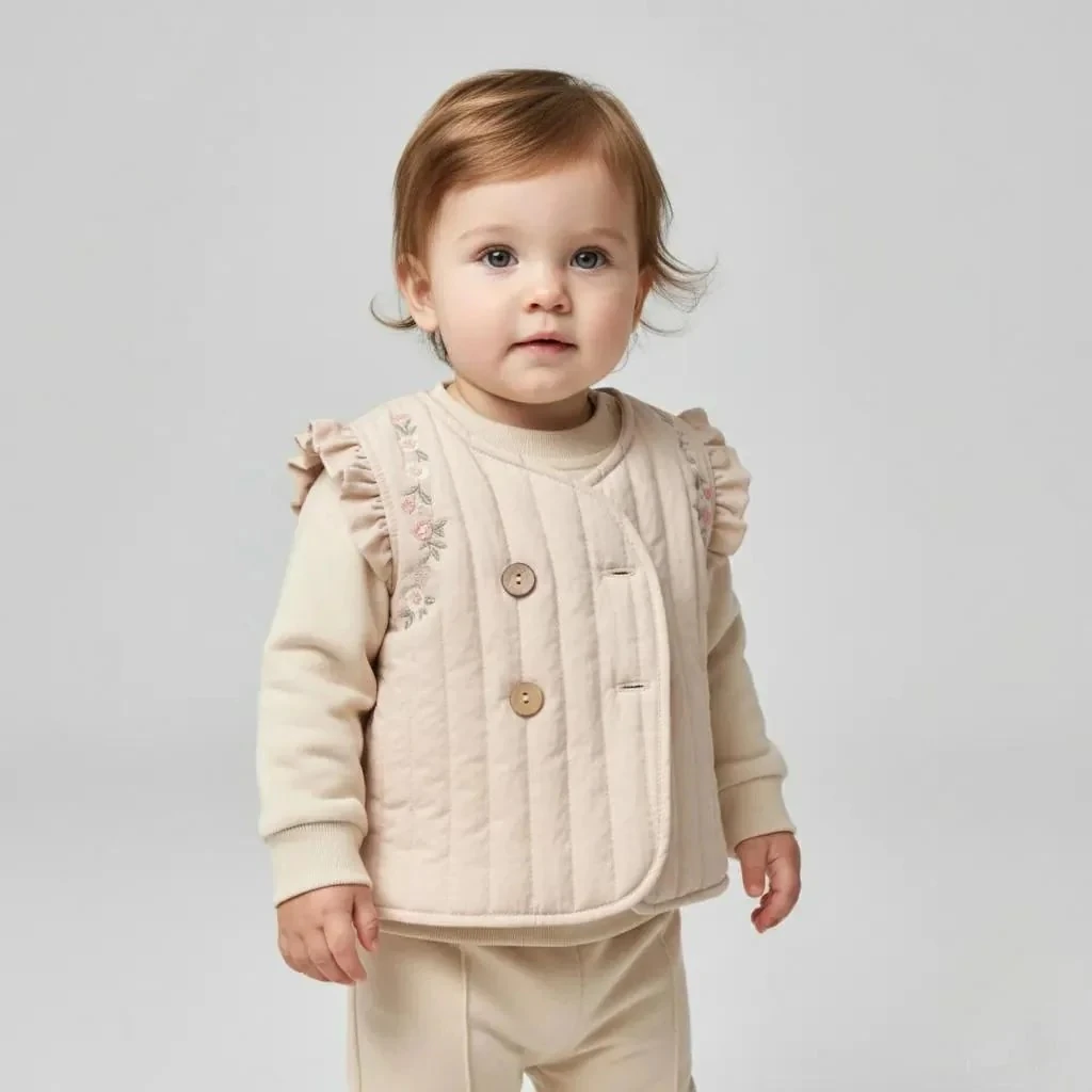 Çiçek İşlemeli Yelekli Kız Bebek 3’lü Takım