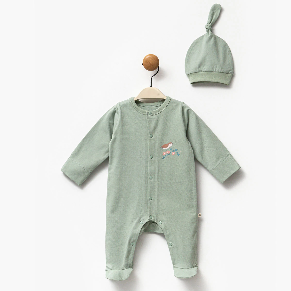 Oeko-Tex Sertifikalı Unisex Kendinden Eldivenli Organik Pamuklu Tulum & Şapka Seti