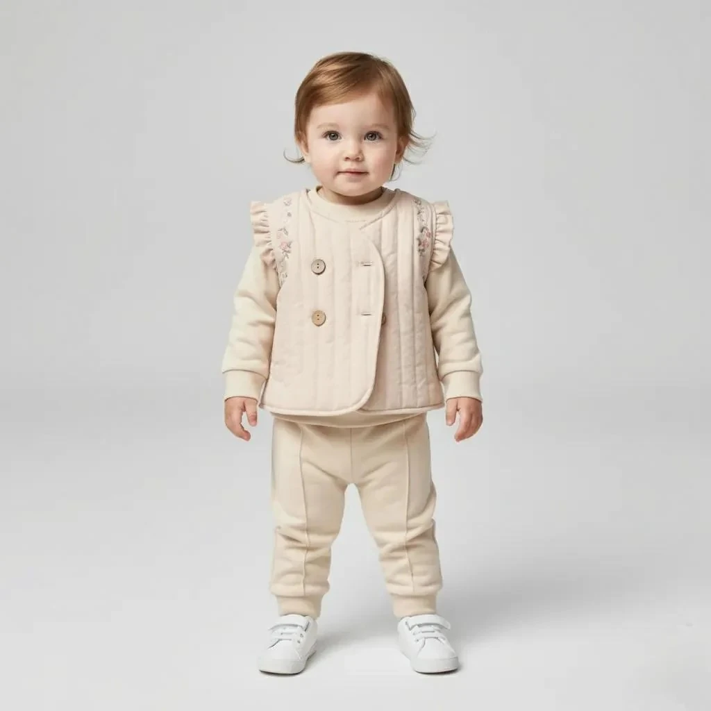 Çiçek İşlemeli Yelekli Kız Bebek 3’lü Takım