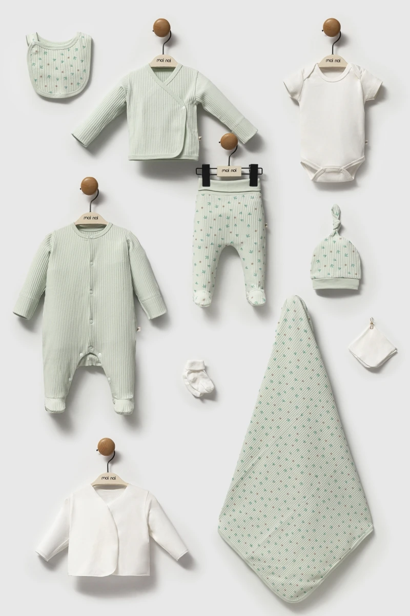 Oeko-Tex Sertifikalı Raporlu Mint 10’lu Kendinden Eldivenli Yenidoğan Kız Bebek Hastane Çıkışı Seti