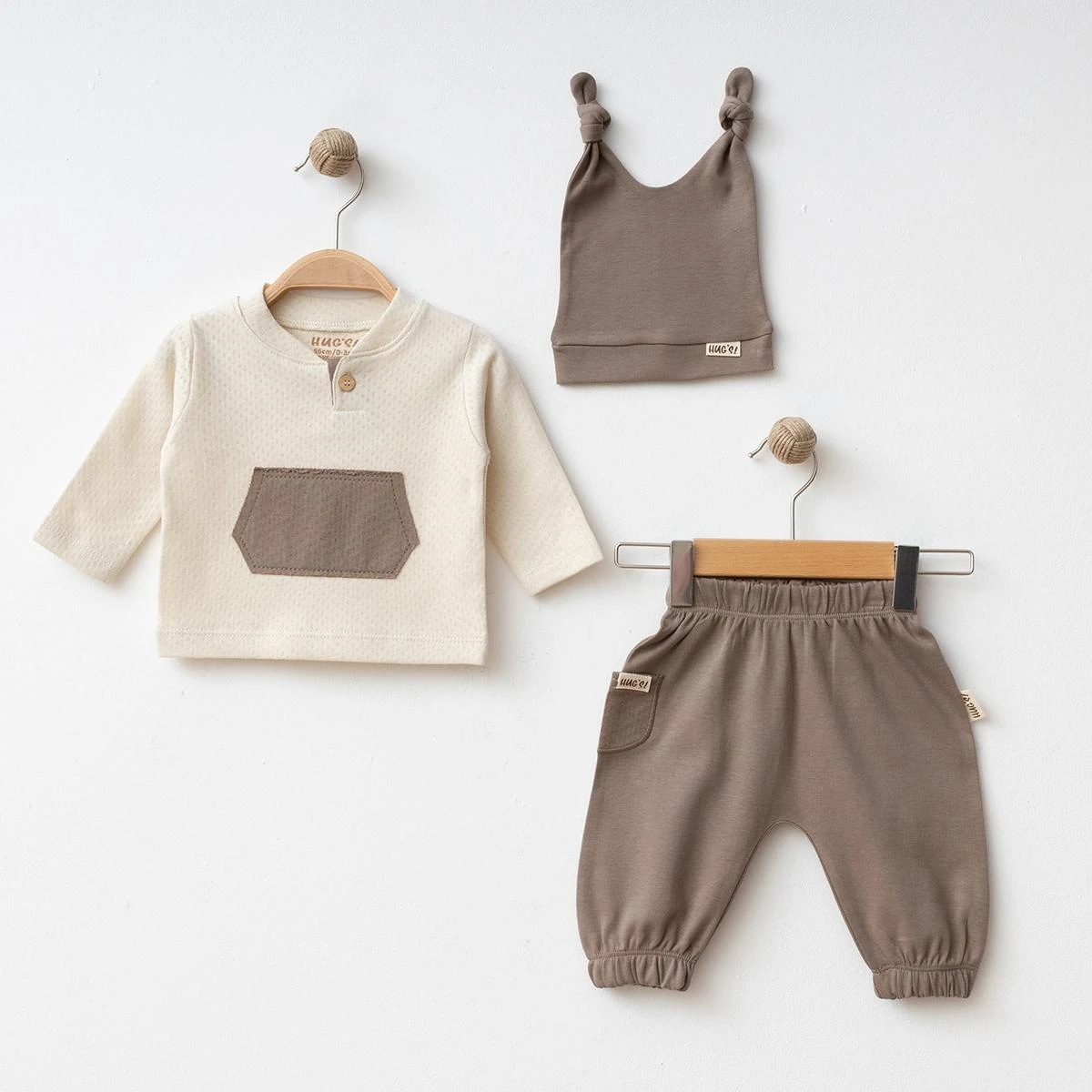 Taupe & Cream Erkek Bebek Premium Pamuklu 3’lü Erkek Bebek Takım