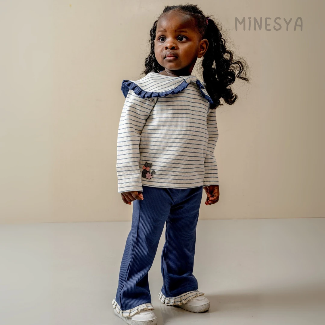 Oeko-Tex Sertifikalı Fırfır Yaka Kedi Detaylı Kız Bebek 2’li Takım