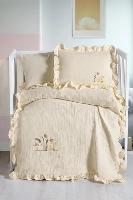 Handmade Bebek 4 Kat %100 Pamuk Fırfırlı Müslin Örtü Seti – Oeko-Tex Sertifikalı - Krem