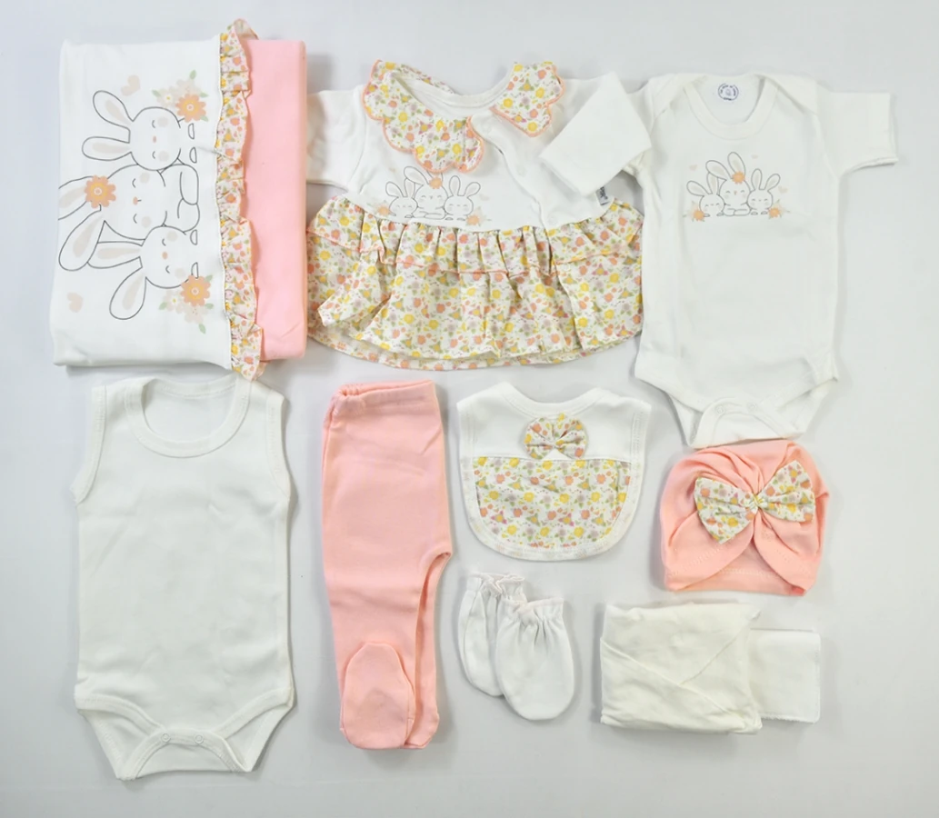 Tavşan Desenli Çiçekli Ekonomik Kız Bebek 10'lu Hastane Çıkış Seti