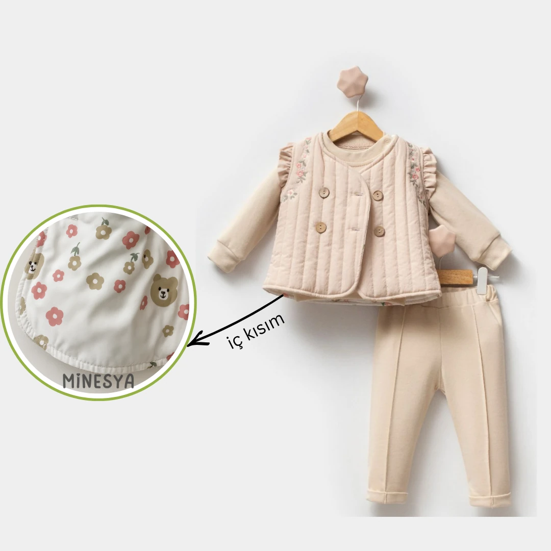Çiçek İşlemeli Yelekli Kız Bebek 3’lü Takım