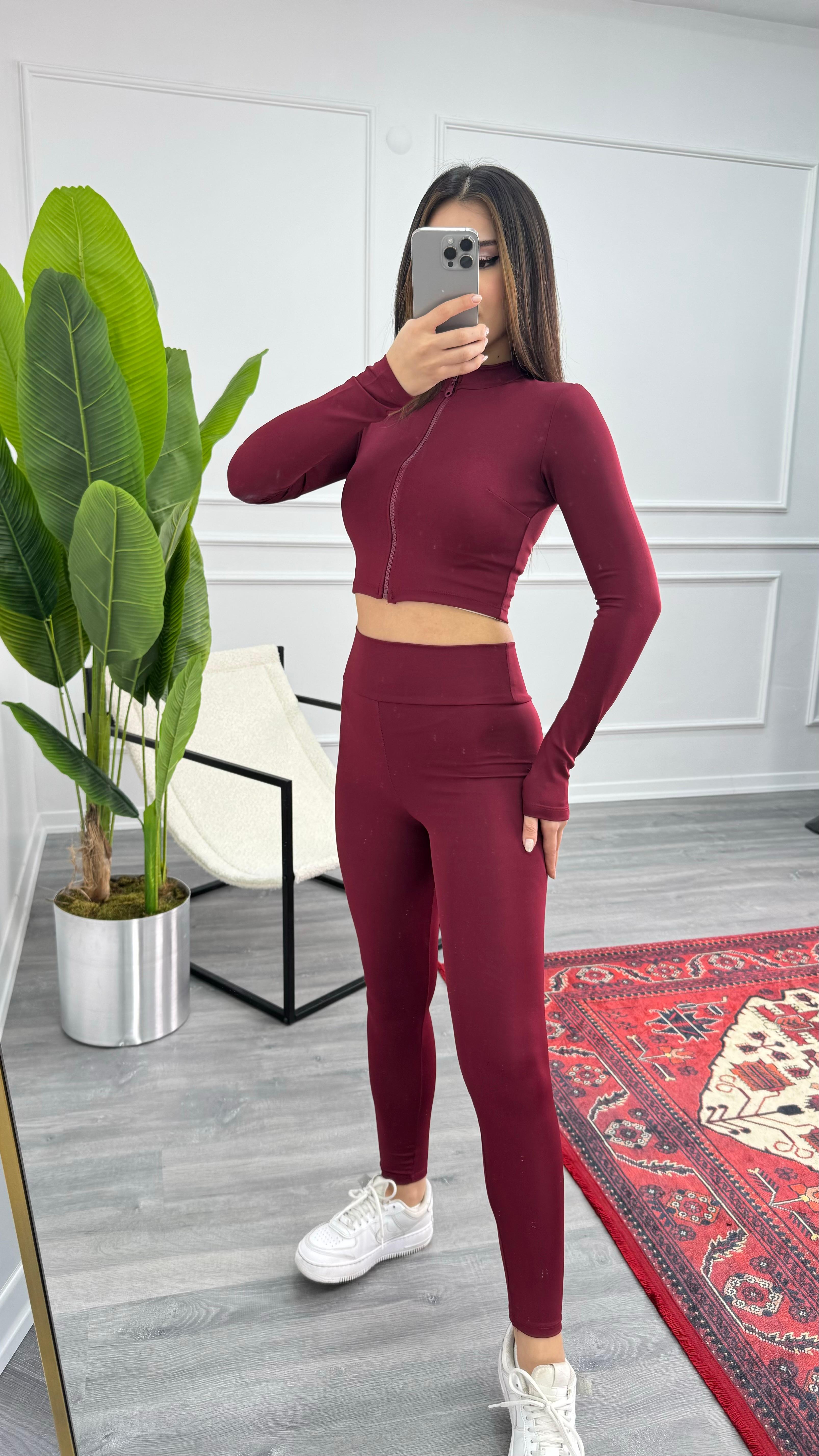 Fermuarlı Crop Tayt Takım MYME7 - Bordo