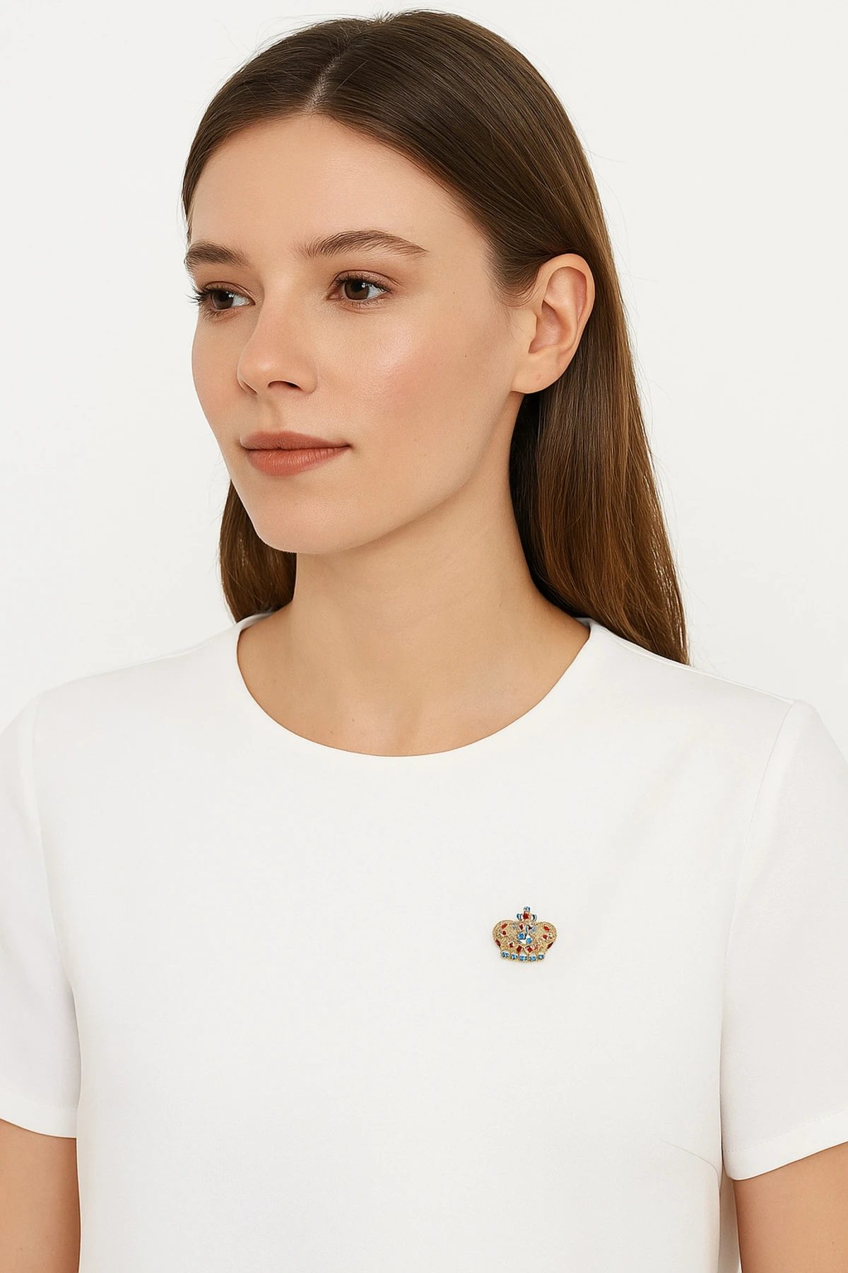 Şık Taşlı Taç Figürlü Renkli Broş 