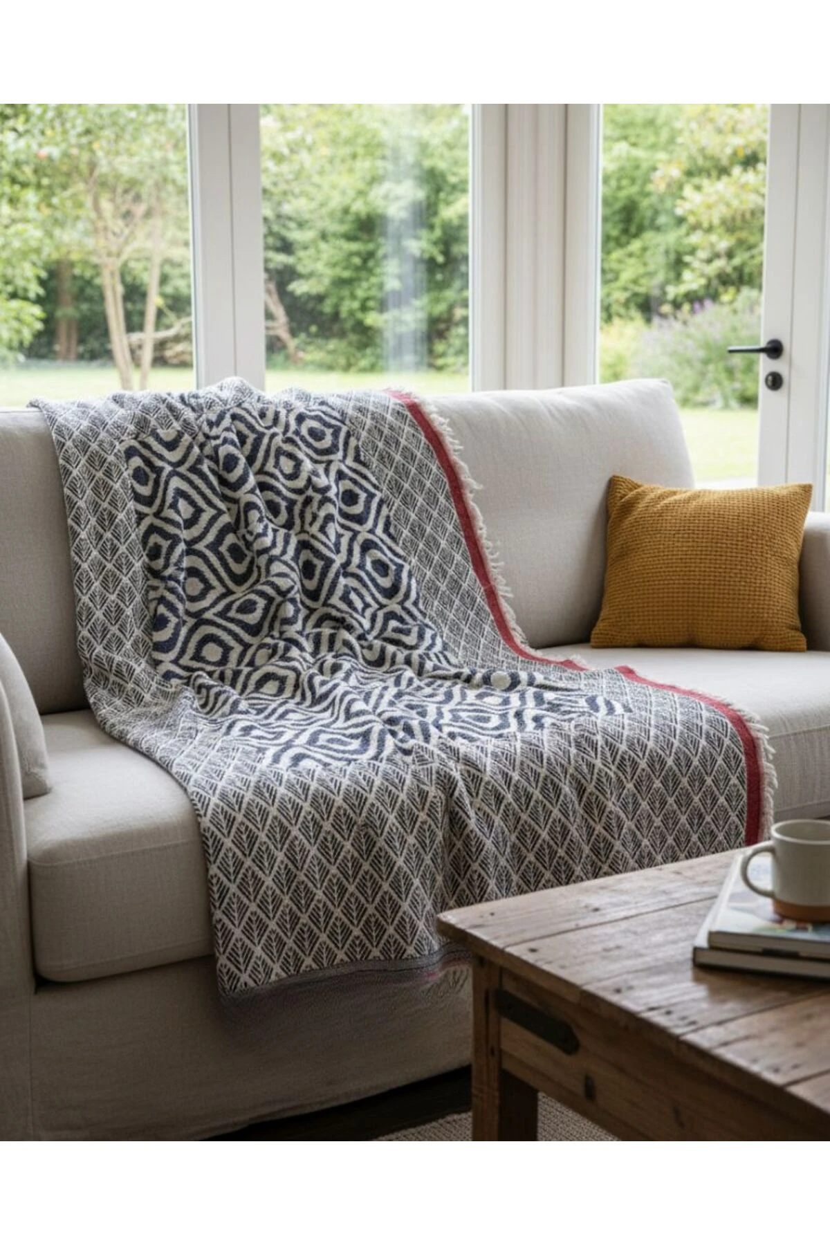 %100 Pamuk LACİVERT KIRMIZI İKAT THROW- BATTANİYE ÖRTÜ image