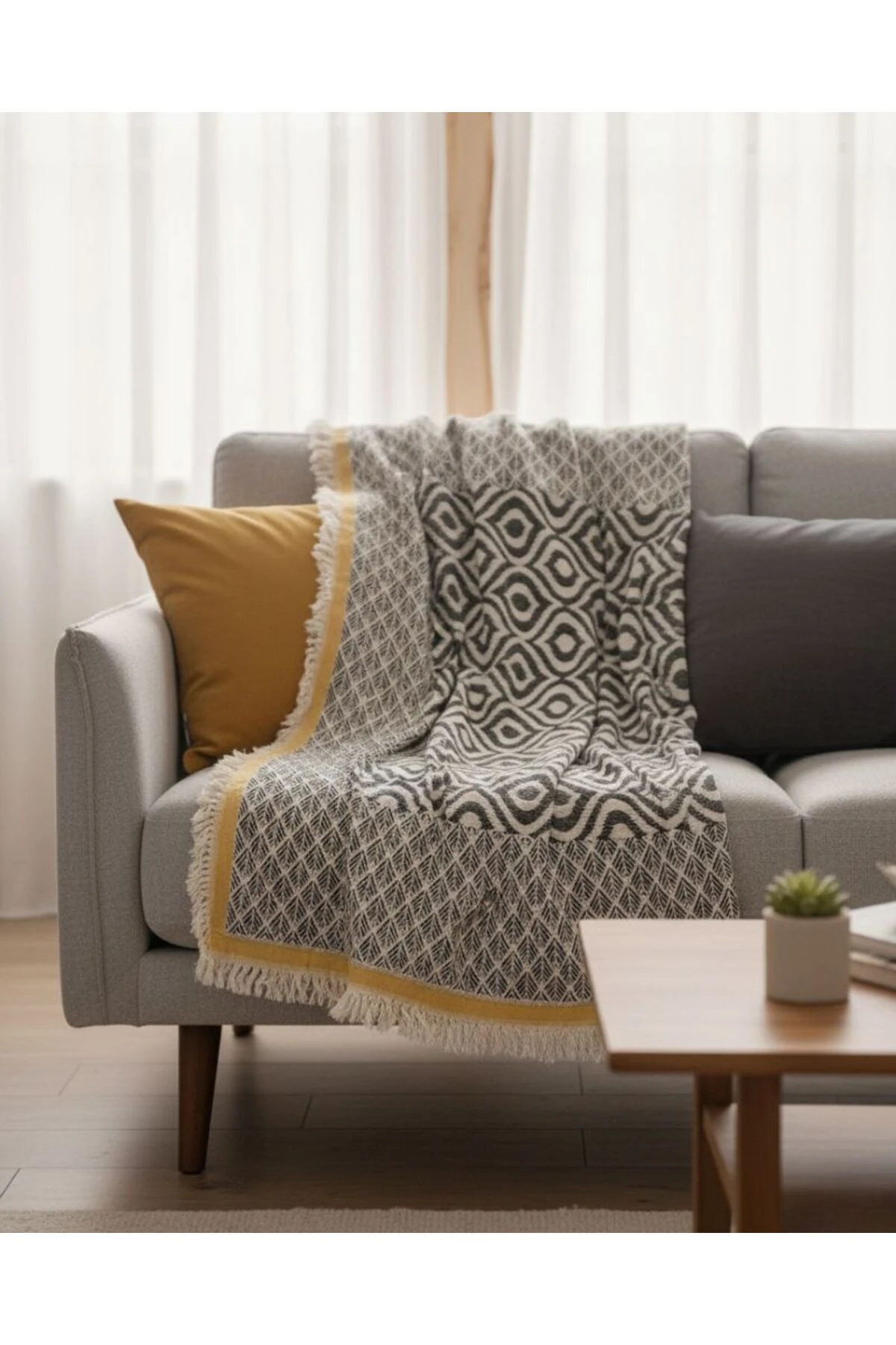 %100 PAMUK SARI-SİYAH İKAT THROW- BATTANİYE ÖRTÜ image