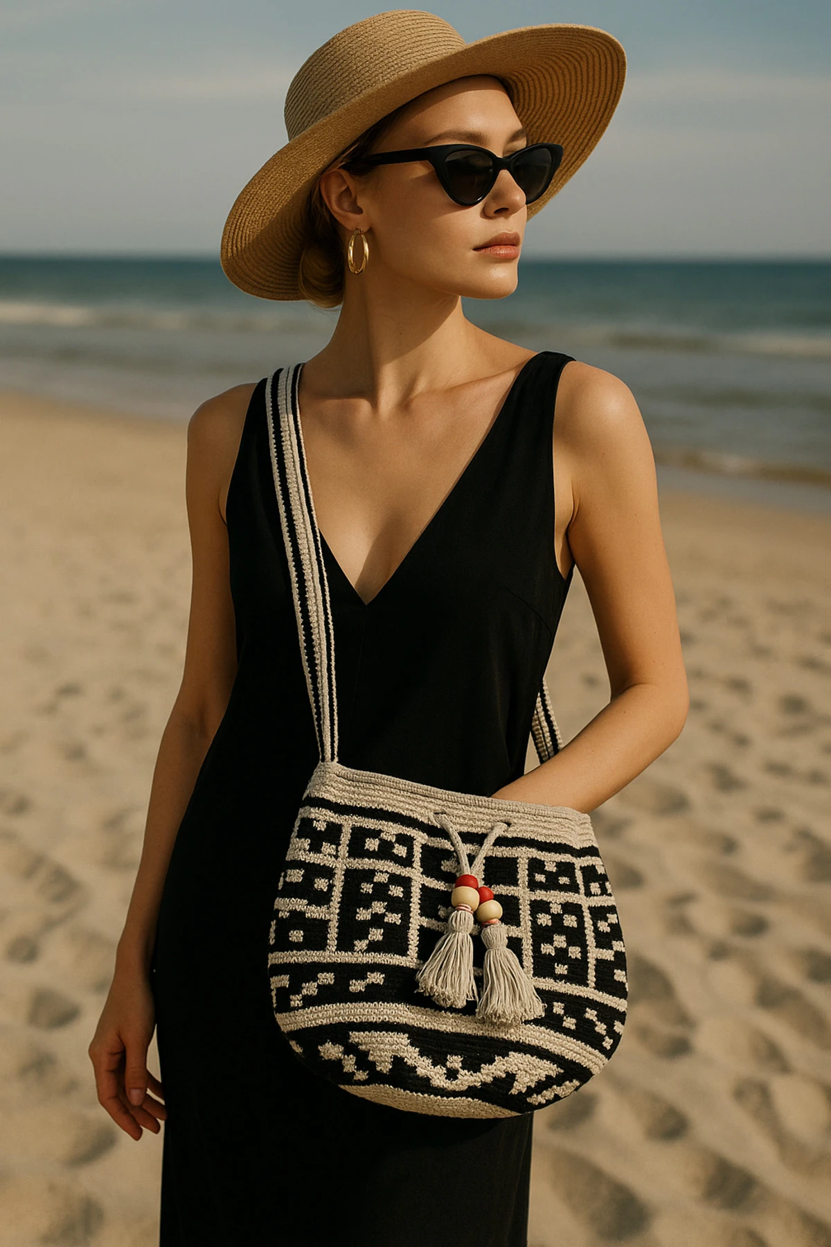 Bohem Siyah ve Krem Desenli El Yapımı Çanta image