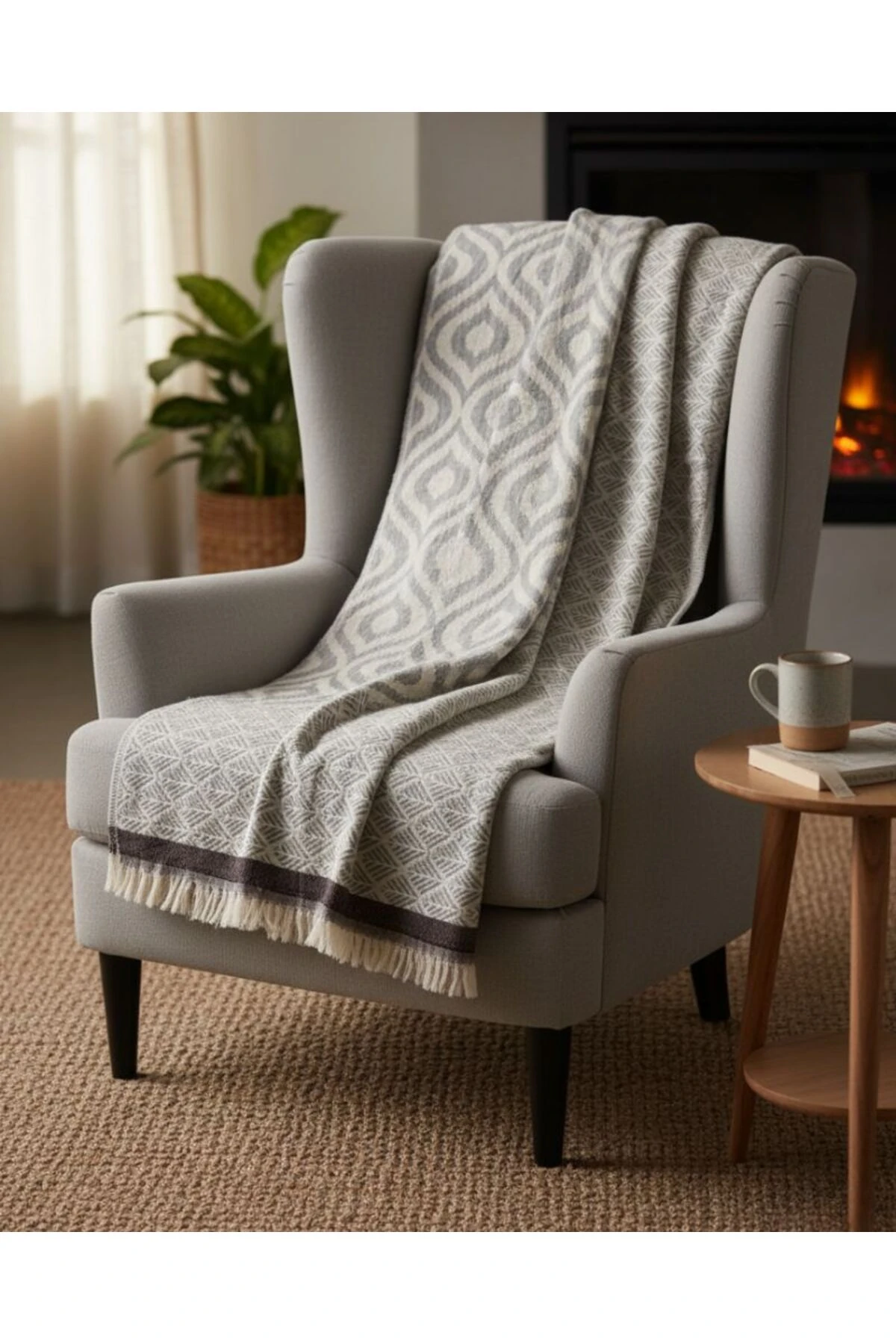 %100 PAMUK KAHVE- GRİ İKAT THROW- BATTANİYE ÖRTÜ main variant image