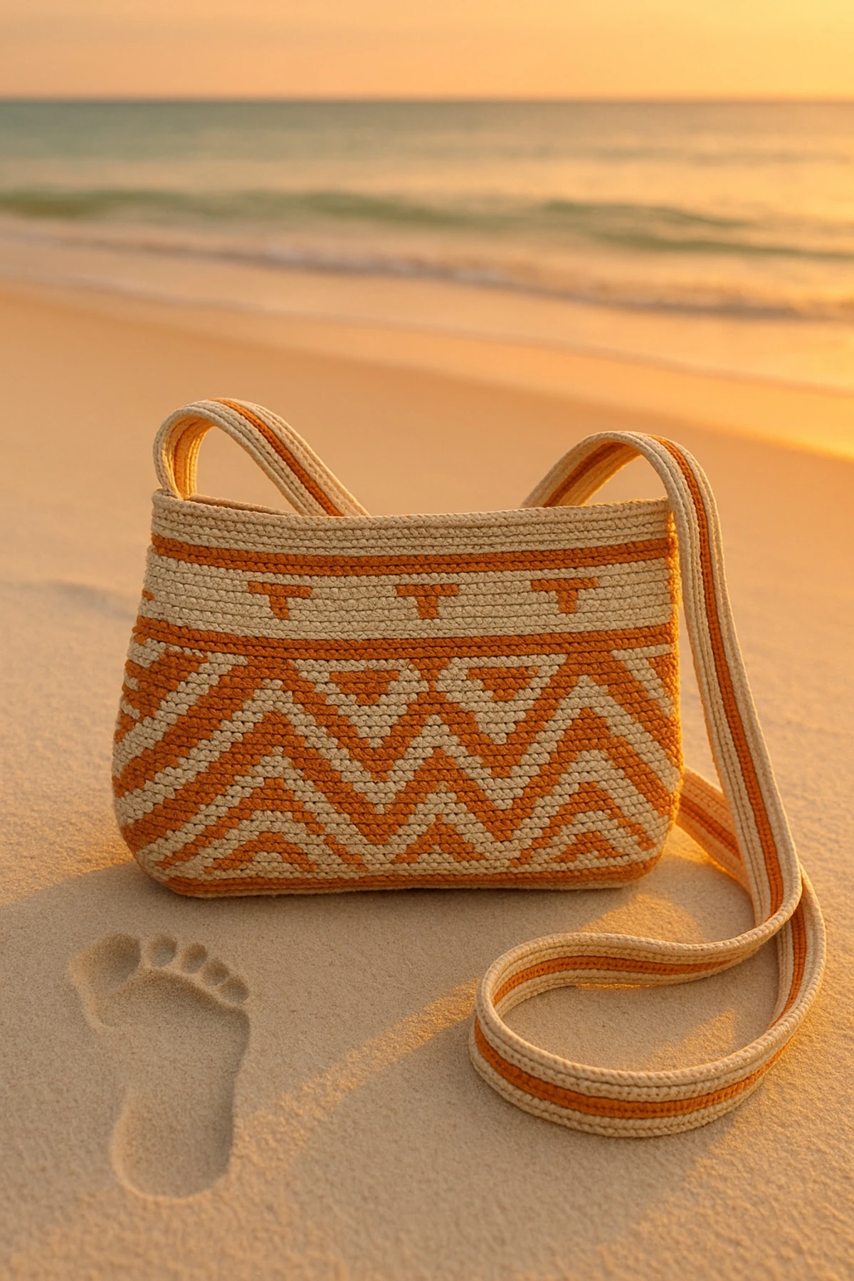 Renkli Bohem Desenli El Yapımı Bej-Turuncu Çanta