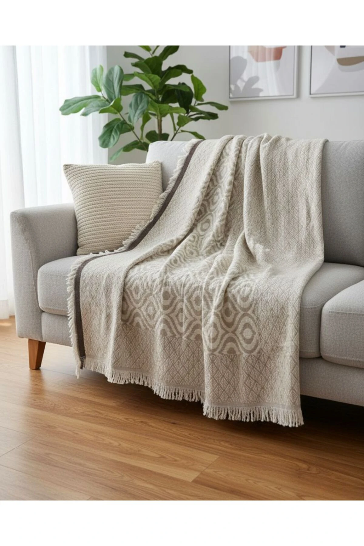 %100 PAMUK KAHVE BEJ İKAT THROW- BATTANİYE ÖRTÜ image