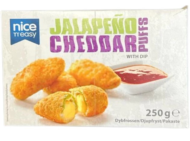 Frossen Jalapeno Cheddar Puffs med Dip 250g