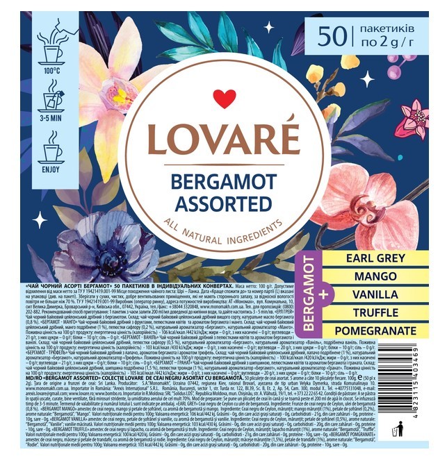 Lovare Te "Assortert svart te bergamot" (2g x 50stk) - Ukraina -