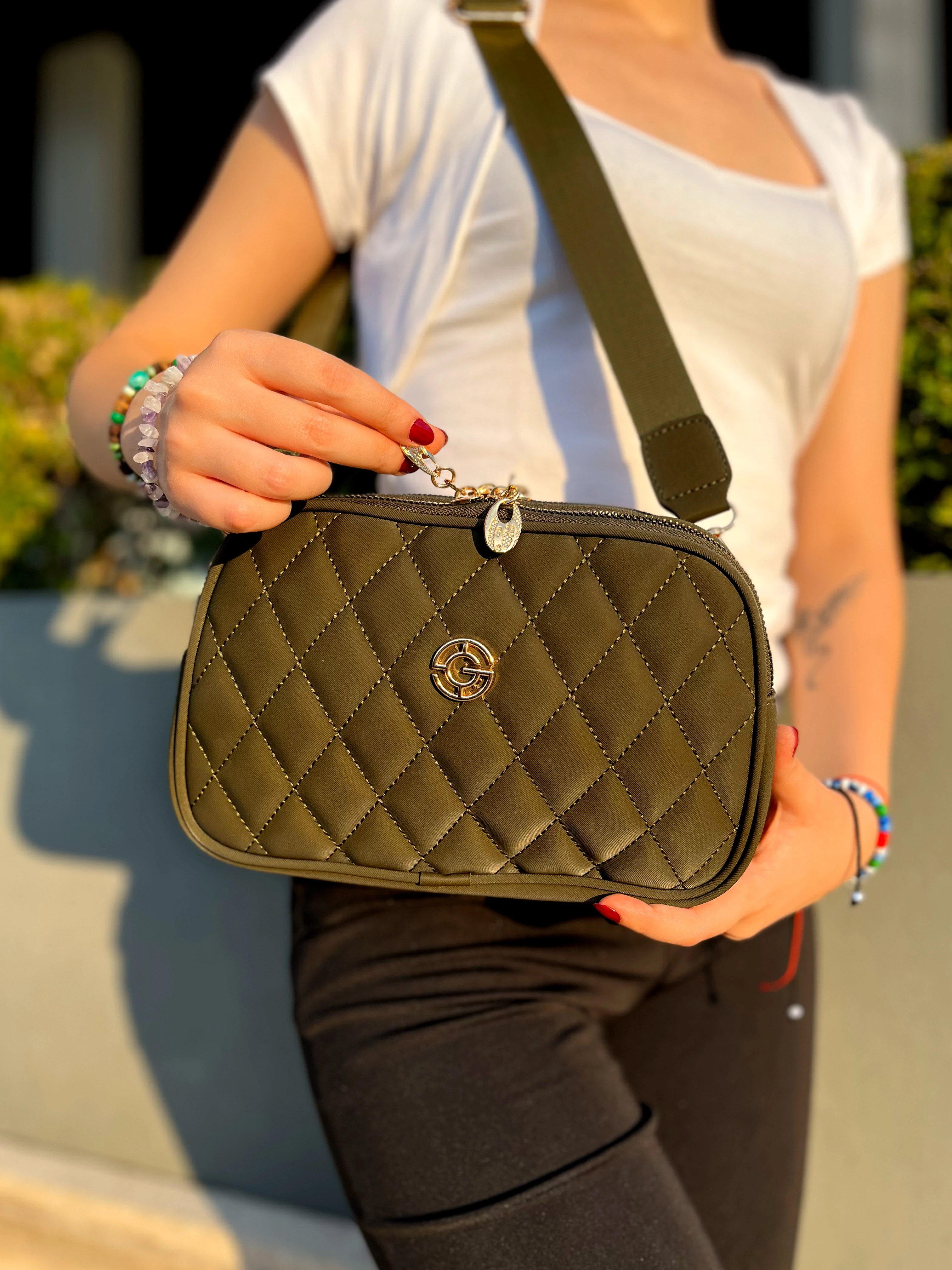 Kapitoneli Dokulu Spor Şık Günlük Kadın Omuz Çantası - Haki (Yeşil)