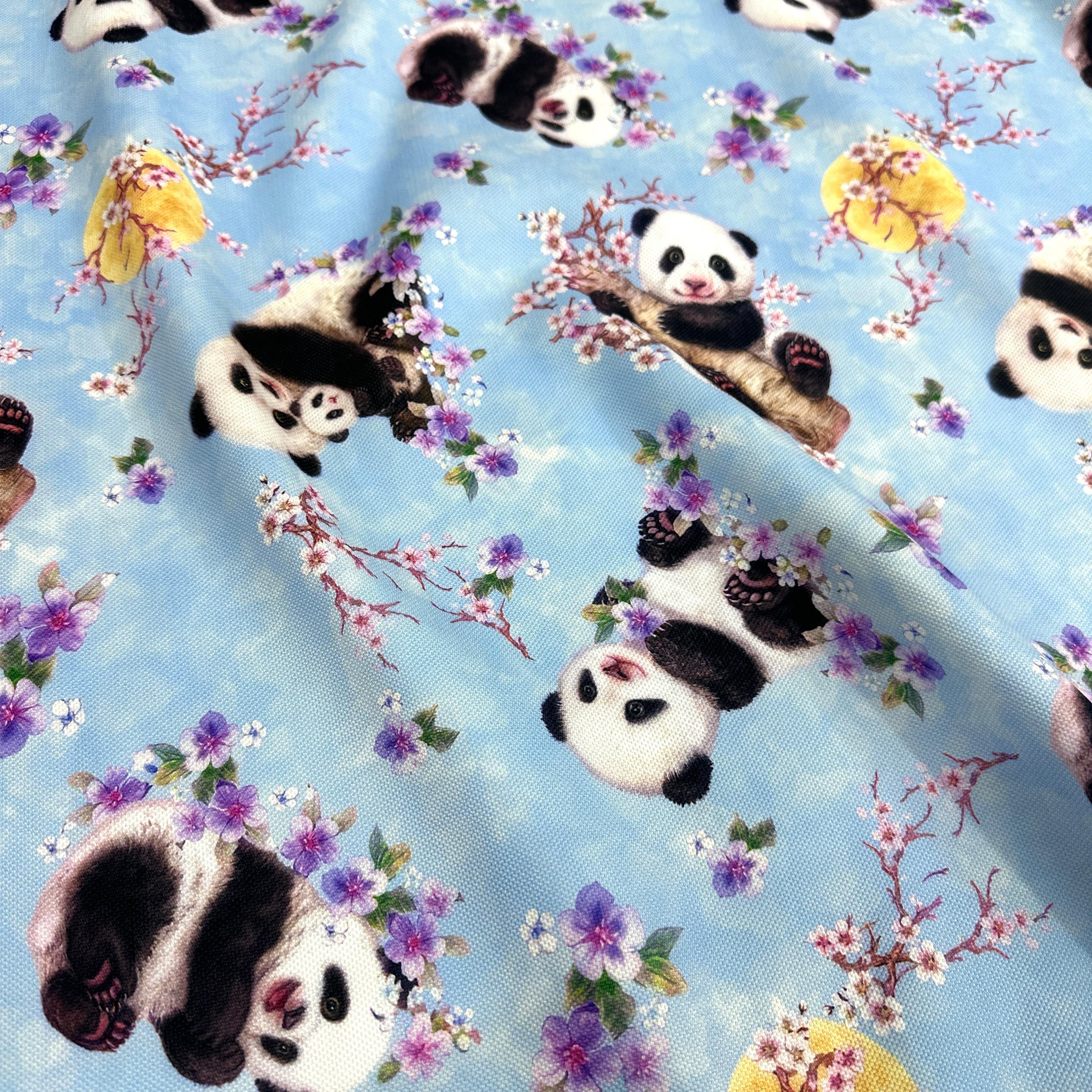 Kiraz Çiçekleri ve Panda Dijital Baskı Kumaş