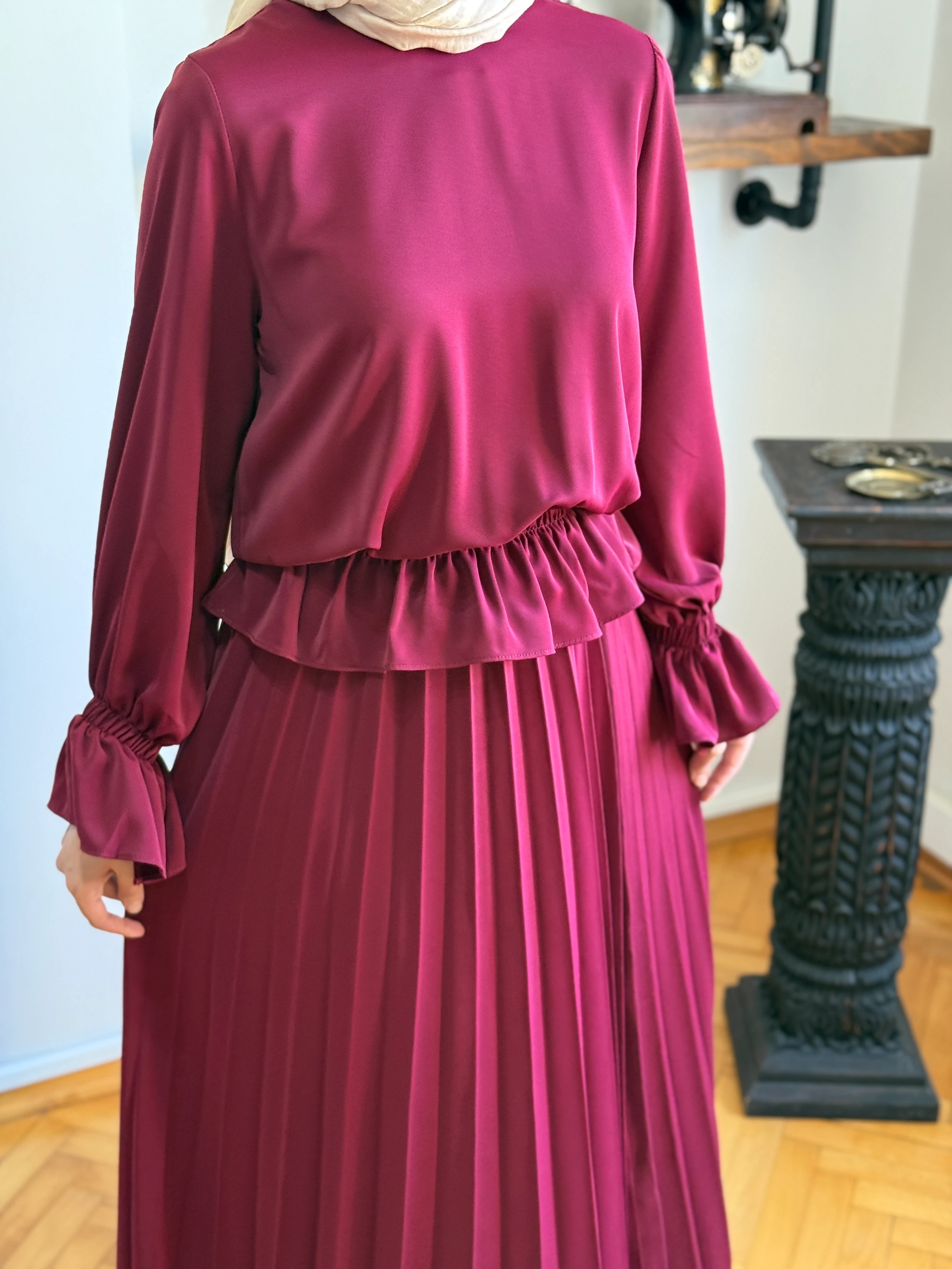 Piliseli Etek + Bluz Takım 5076 NAVRA | FENDEL - bordo