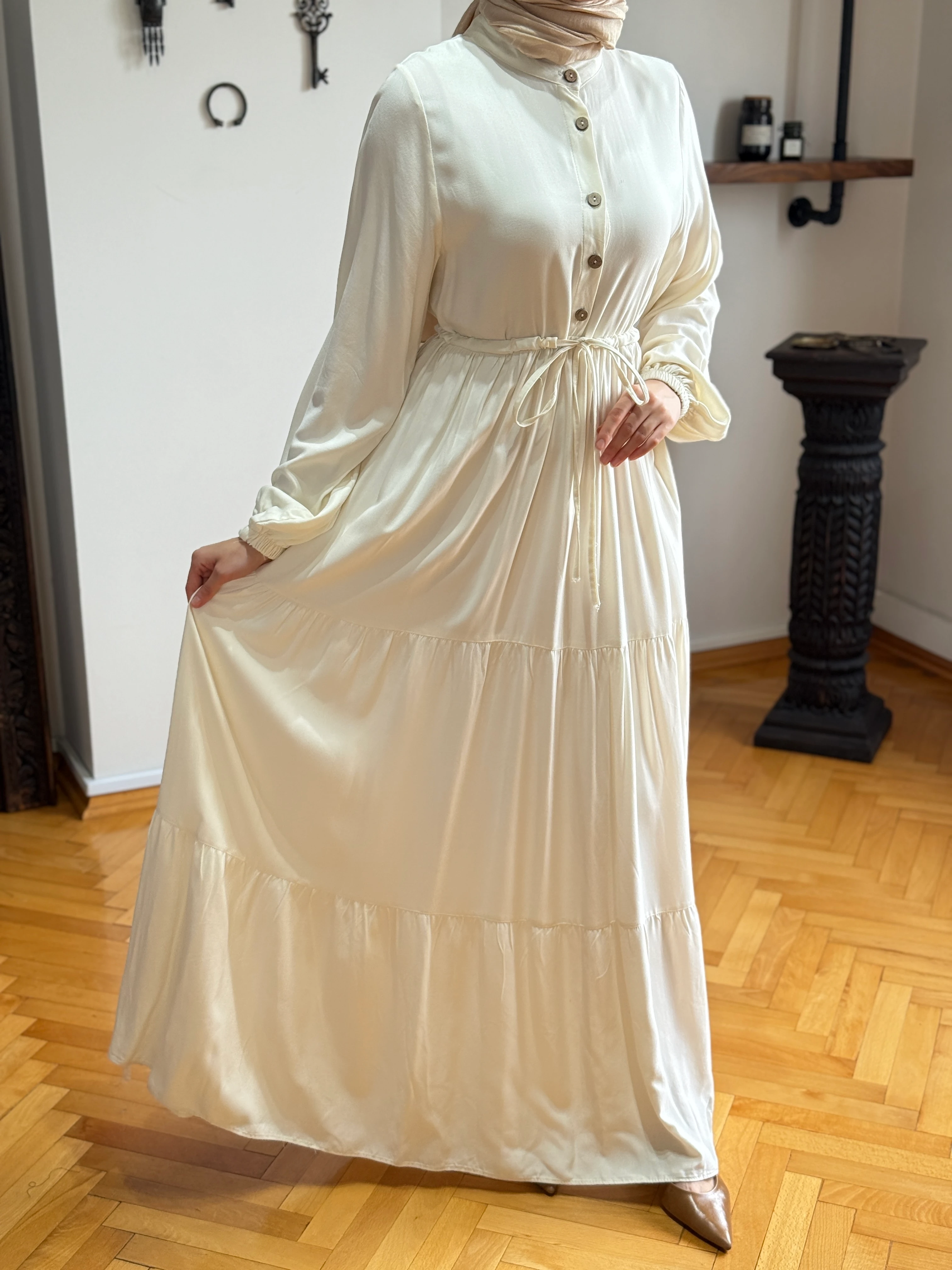 Çingene Bel Bağlamalı Pamuk Elbise 5094 NAVRA | FENDEL - ekru