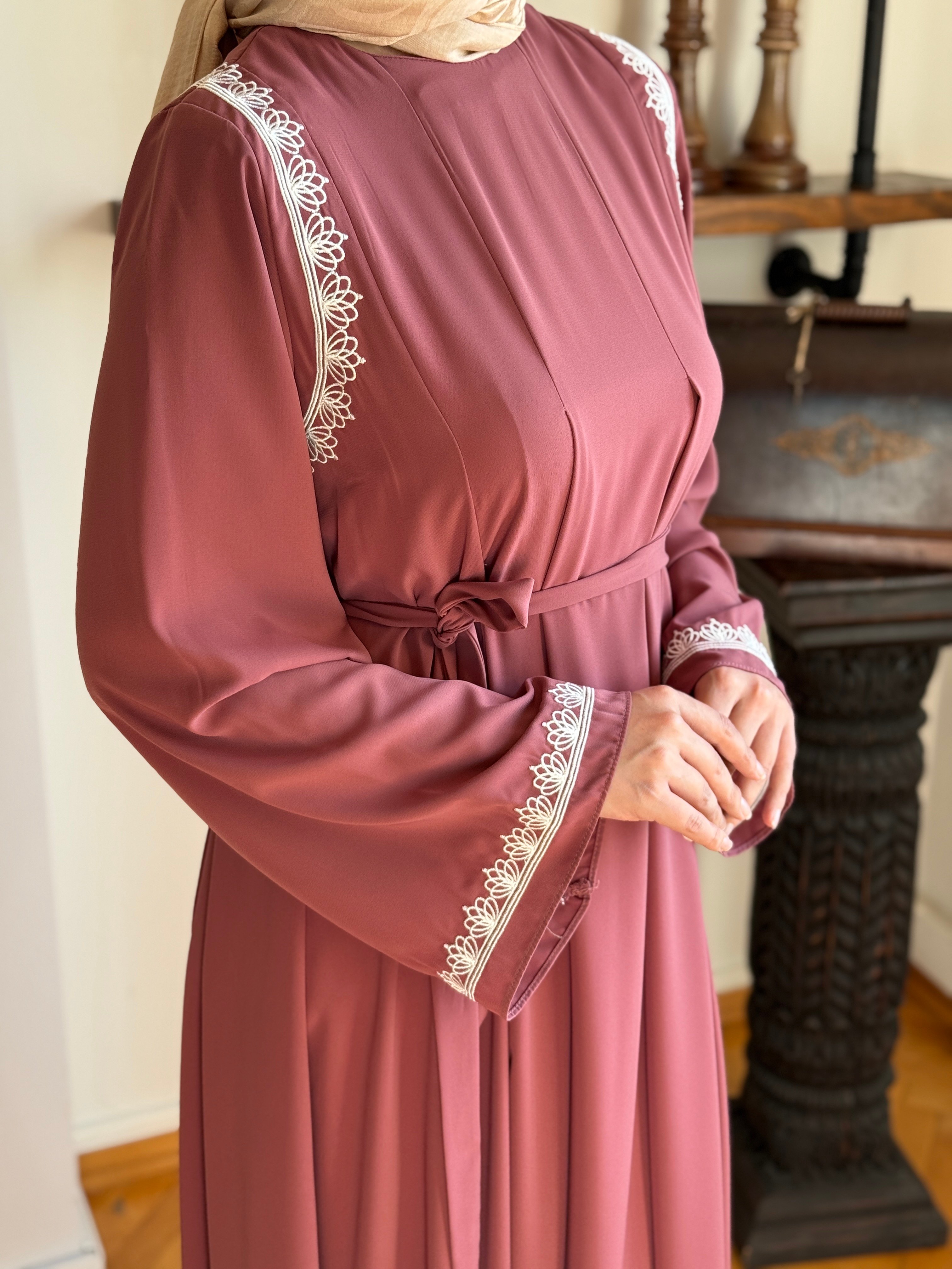 Abaya Kol Nakışlı Medine İpeği Elbise Nsr5060 - koyu gül kurusu