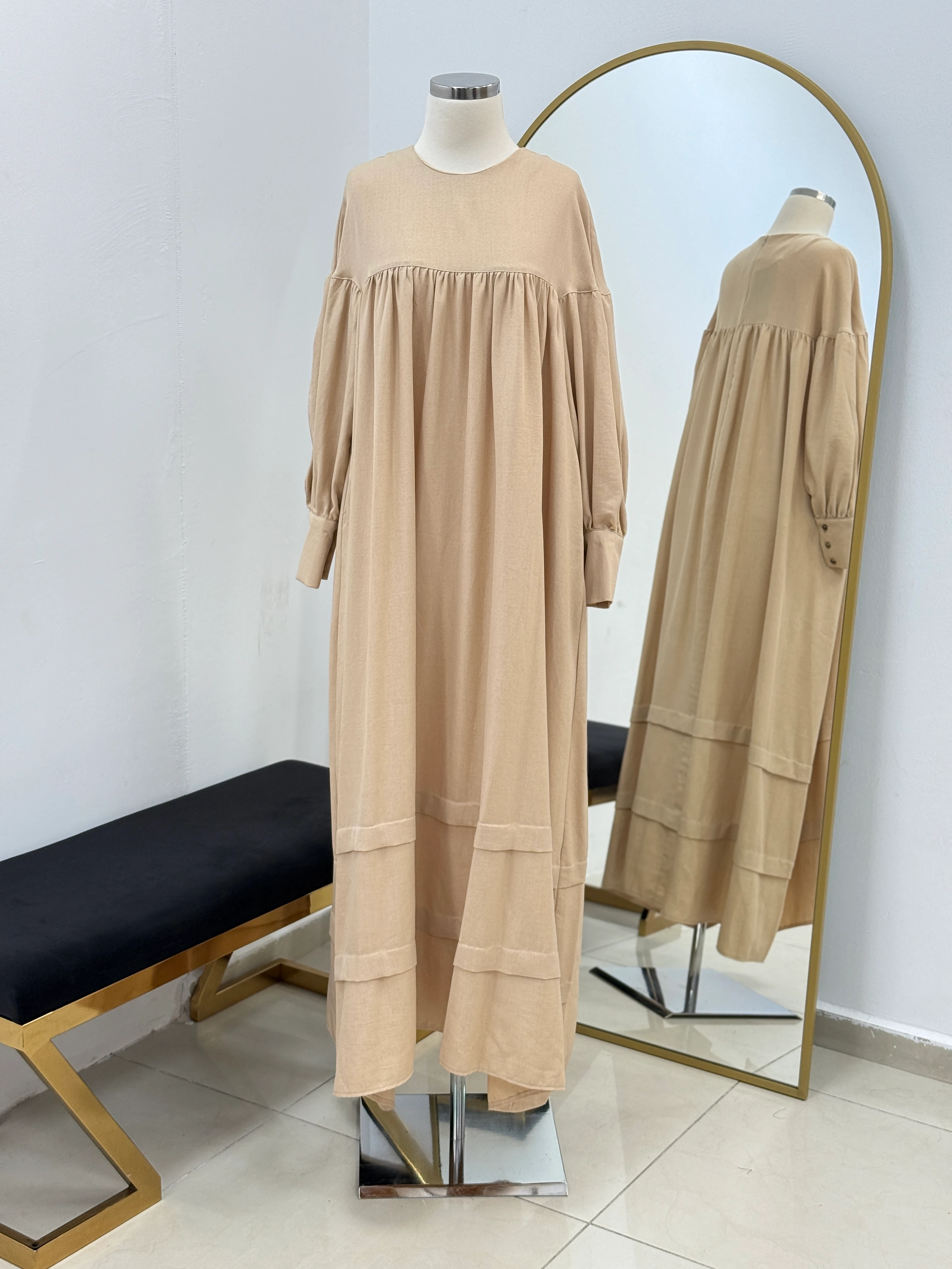 Çift Bantlı Salaş Keten Elbise 5069 NAVRA | FENDEL - açık bej