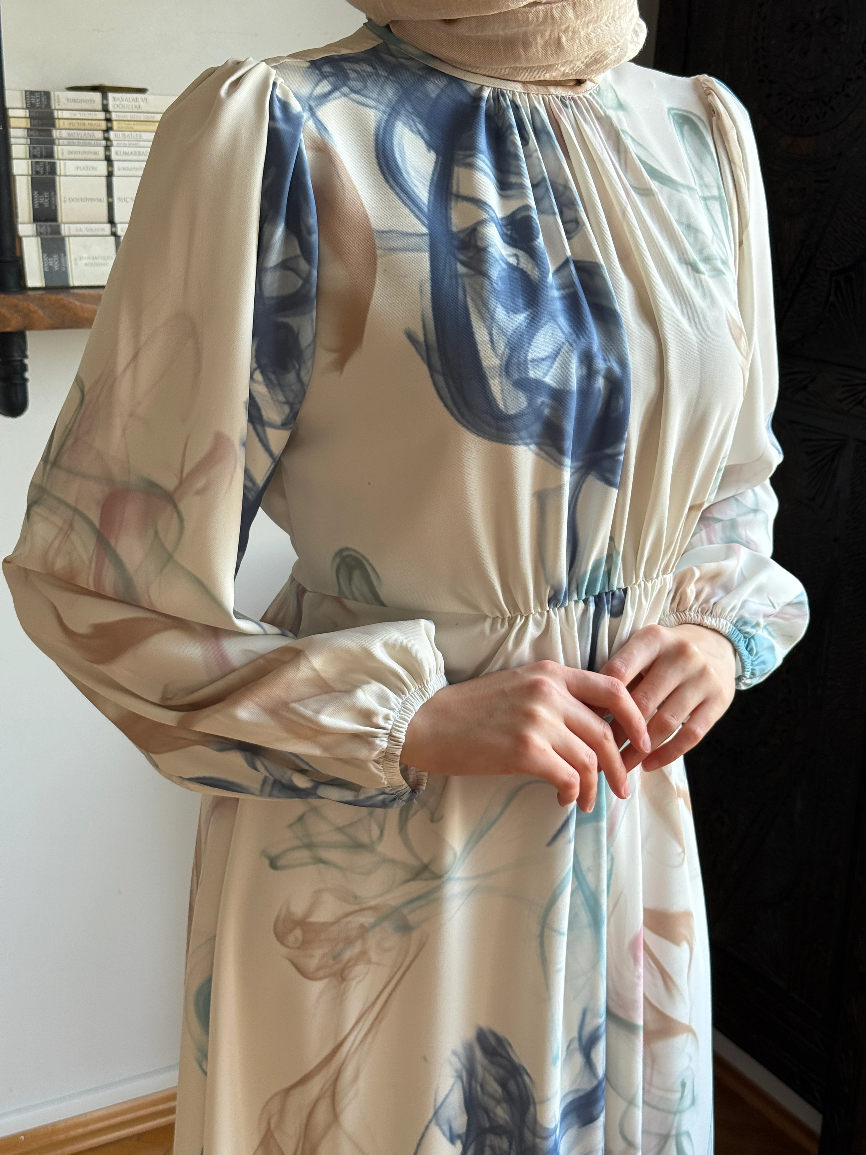 Bel Lastikli Desenli Saten Elbise 1841 NAVRA | FENDEL