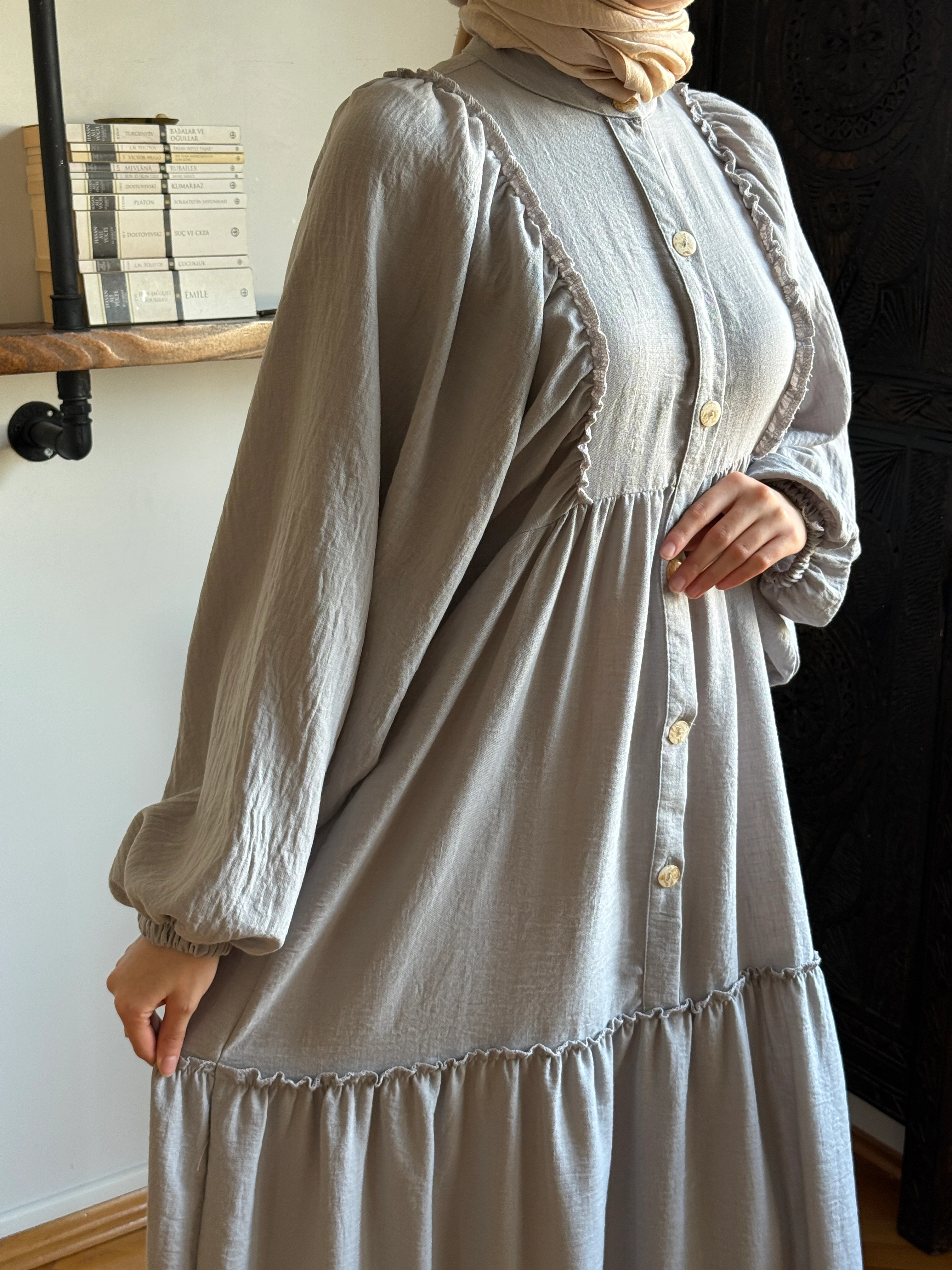 Salaş Büzgülü Keten Elbise 1922 NAVRA | FENDEL - gri