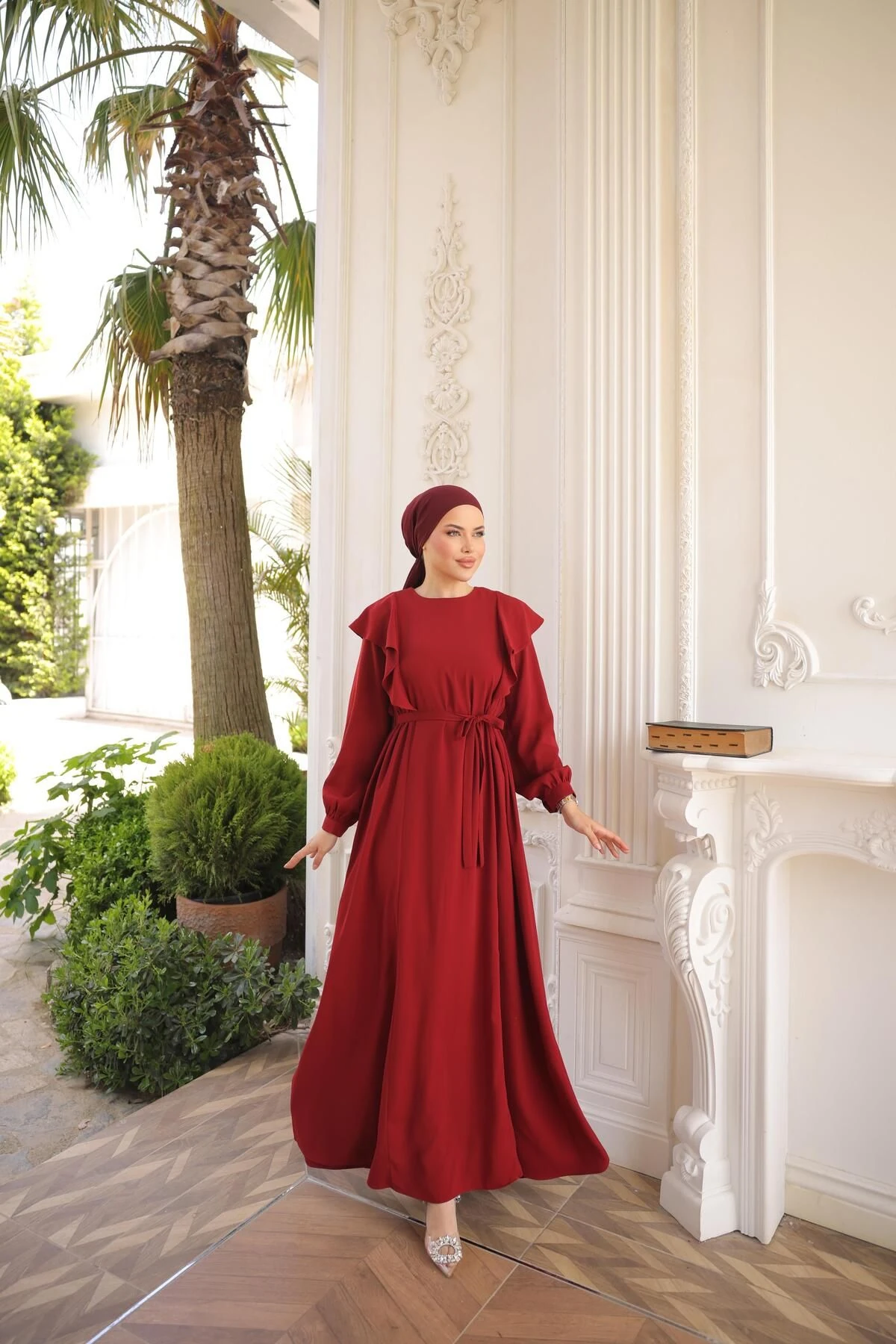 Omuz Volanlı Krep Tesettür Elbise 5090 NAVRA | FENDEL - bordo