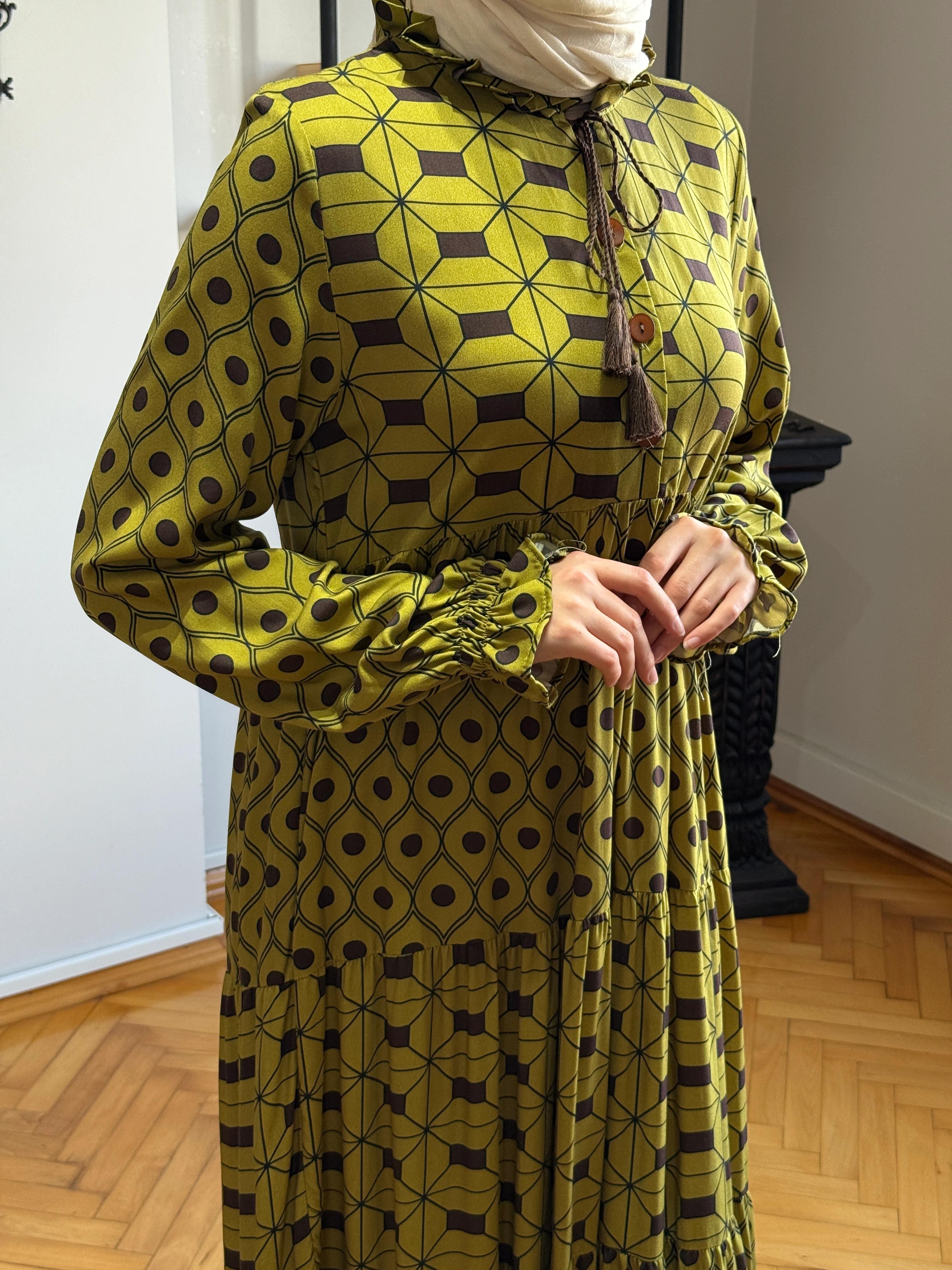 Yaka Fırfırlı Çingene Pamuk Elbise 1895 NAVRA | FENDEL - yağ yeşili