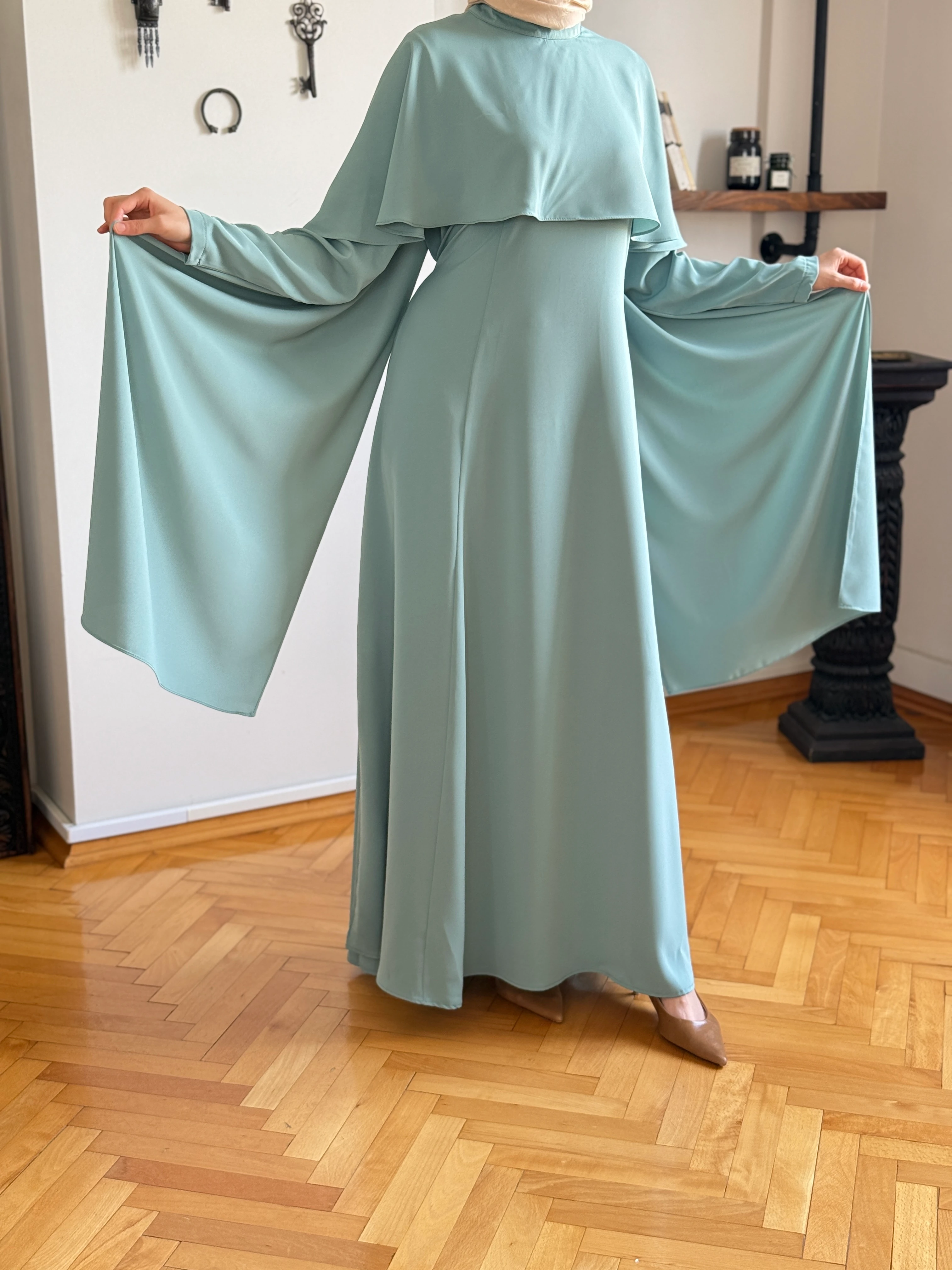 Pelerinli Bel Bağlamalı Elbise 1002 NAVRA | FENDEL - mint