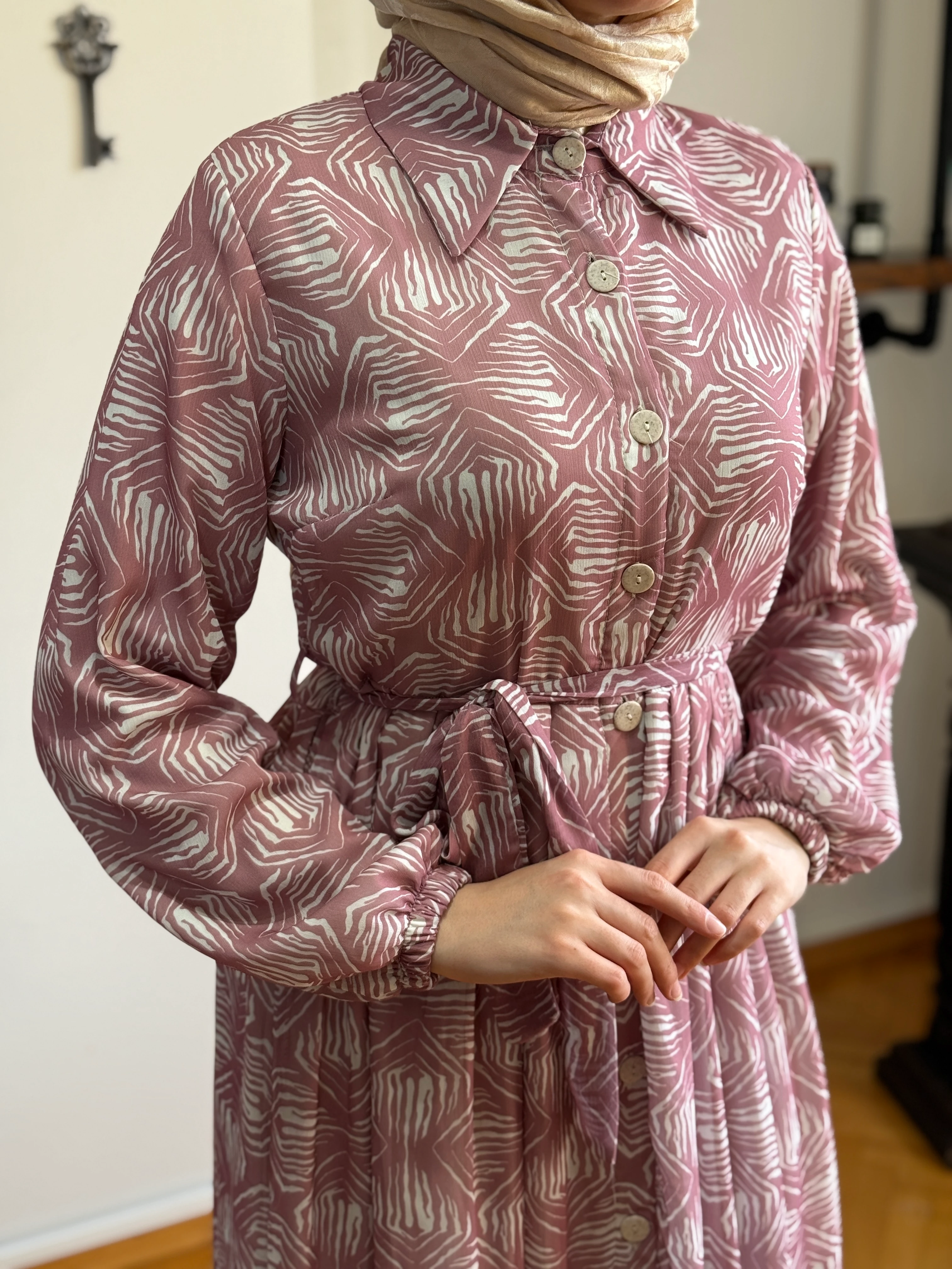 Etnik Desenli Şifon Gömlek Elbise 1550 NAVRA | FENDEL - pudra