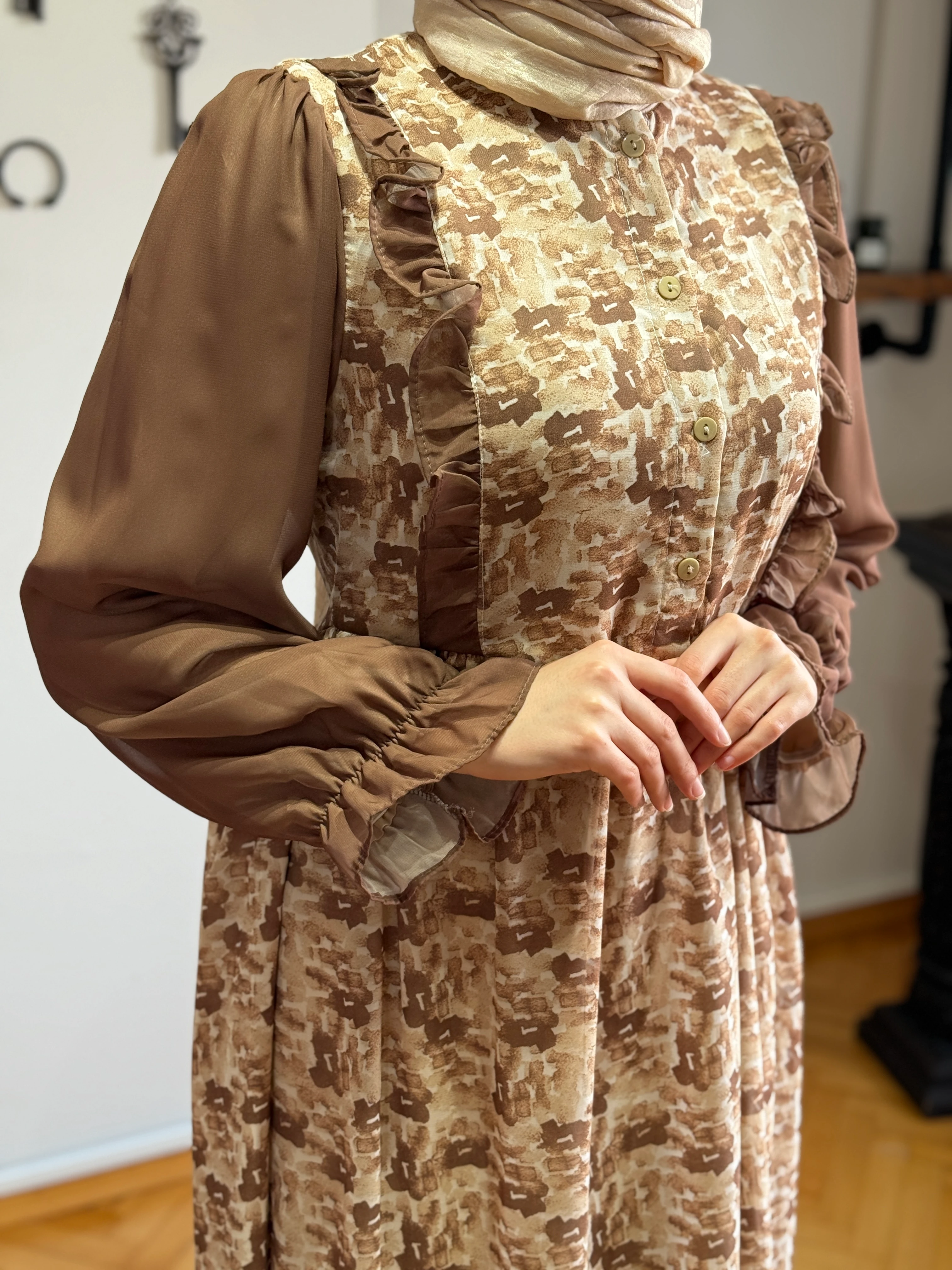 Yarım Pat Desenli Şifon Elbise 1438 NAVRA | FENDEL