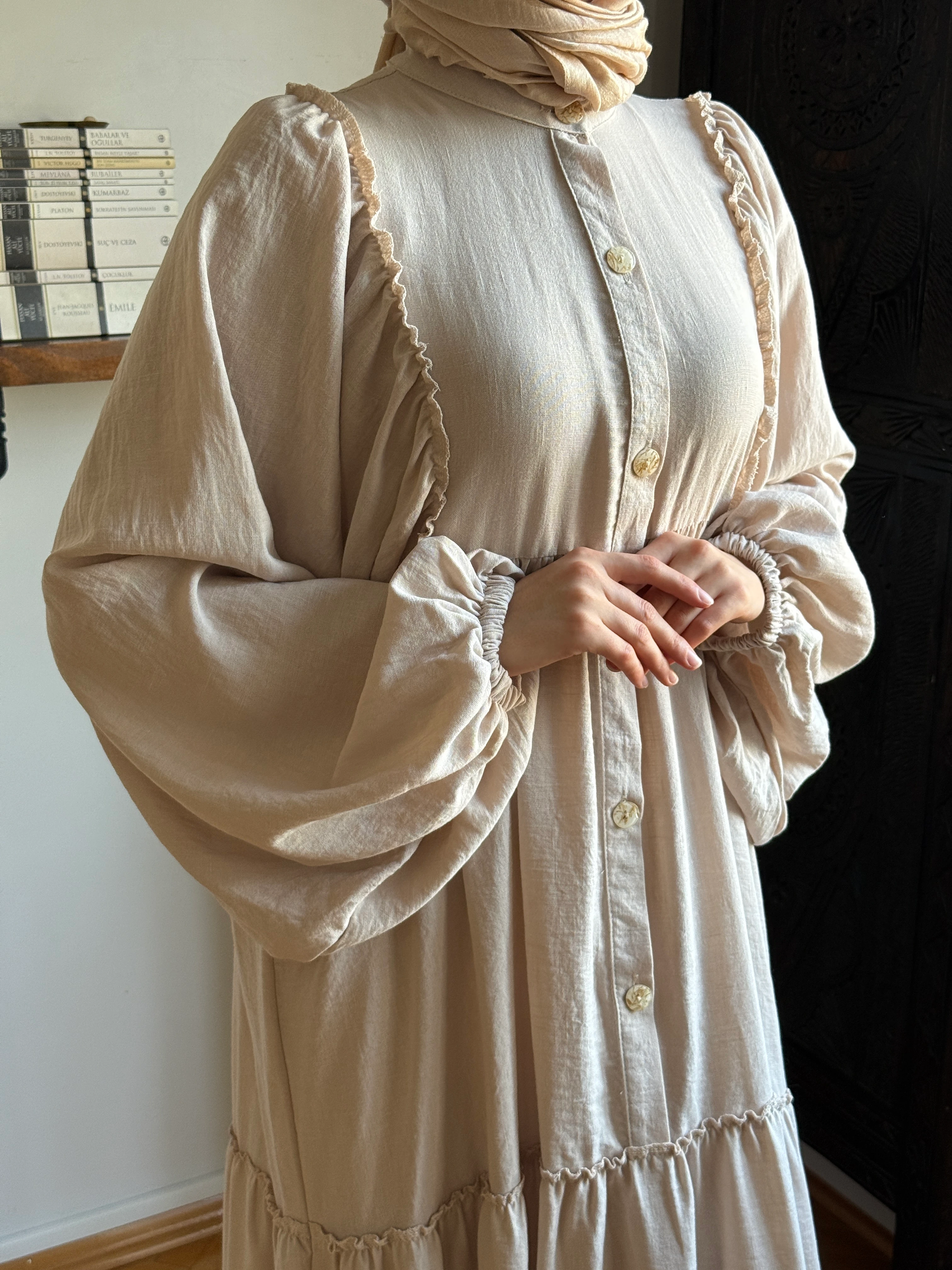 Salaş Büzgülü Keten Elbise 1922 NAVRA | FENDEL - bej